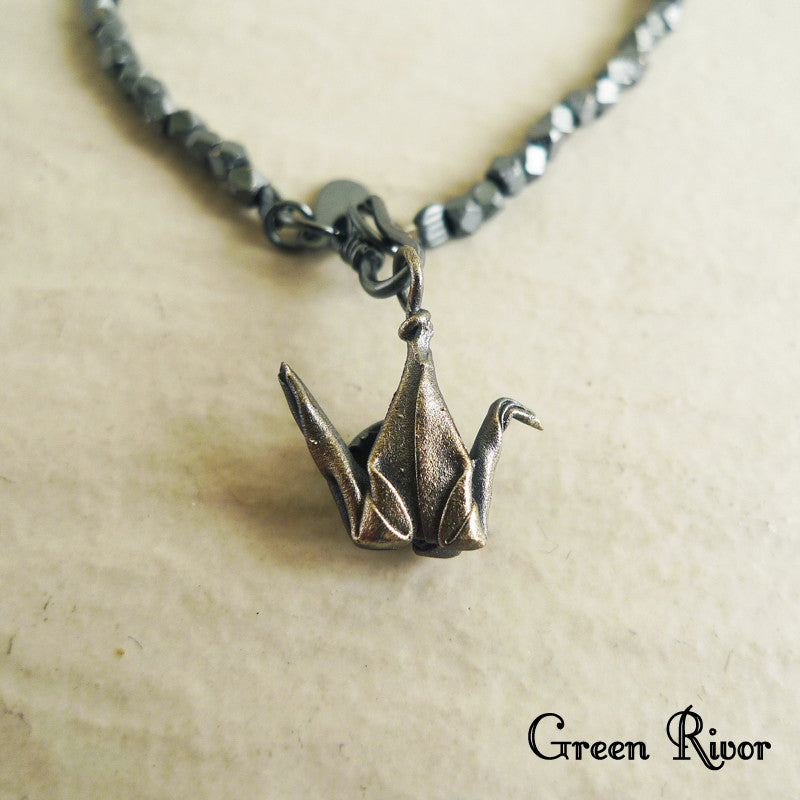 Origami Crane Black Silver Bracelet/ Paper Bird Bracelet in Black Silver