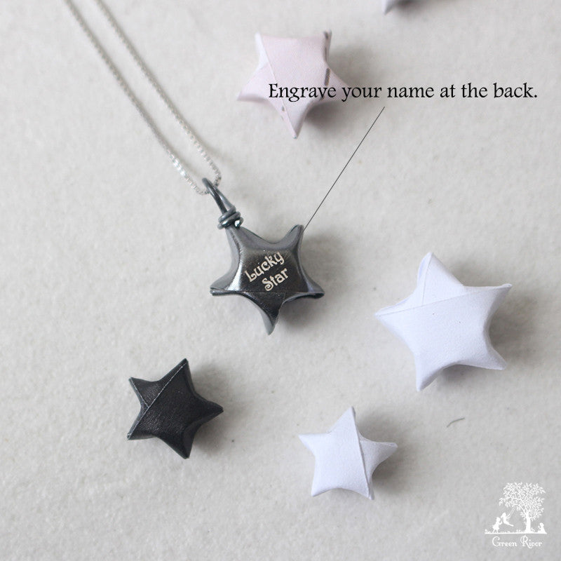 Black Silver Lucky Star Necklace/Origami Star Silver Necklace/Paper Star Necklace