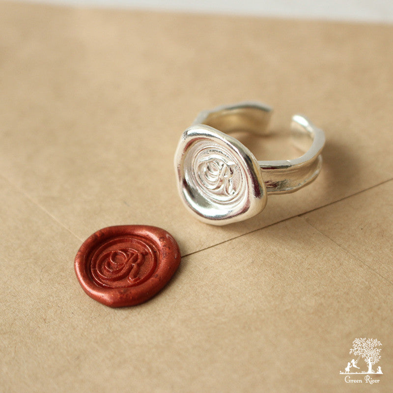 Sterling Silver Wax Seal Ring - Initial Monogram R