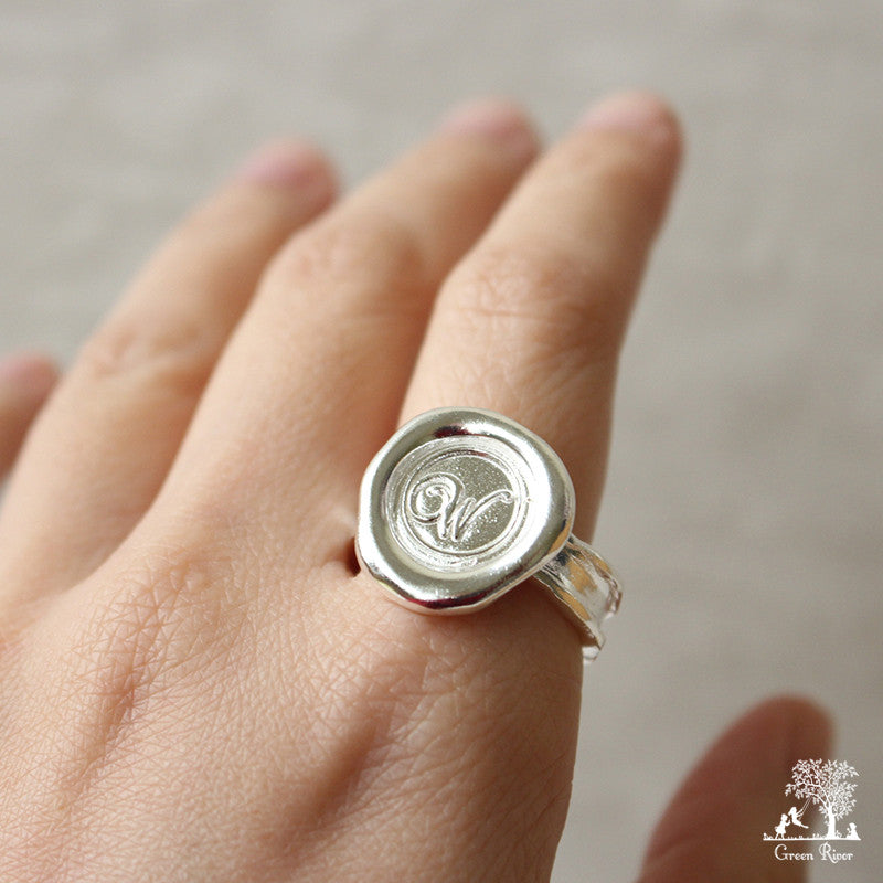 Sterling Silver Wax Seal Ring - Initial Monogram W