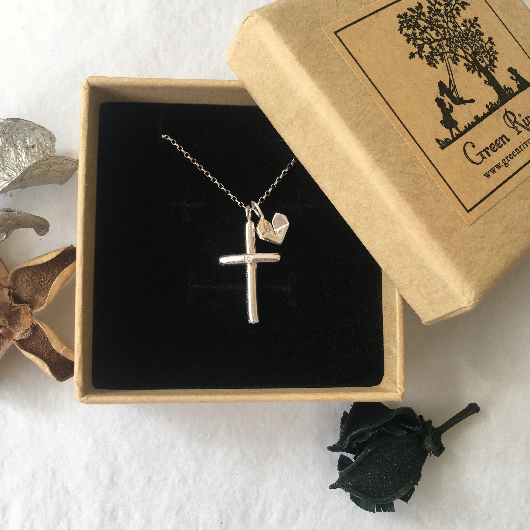 Cross with Heart - Sterling Silver Diamond Cross Necklace (Big) Plain or Engraved with Origami Heart