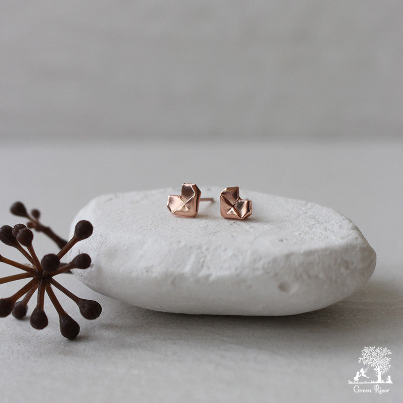 Rose Gold Plated Silver Origami Heart Stud Earrings (Mini)