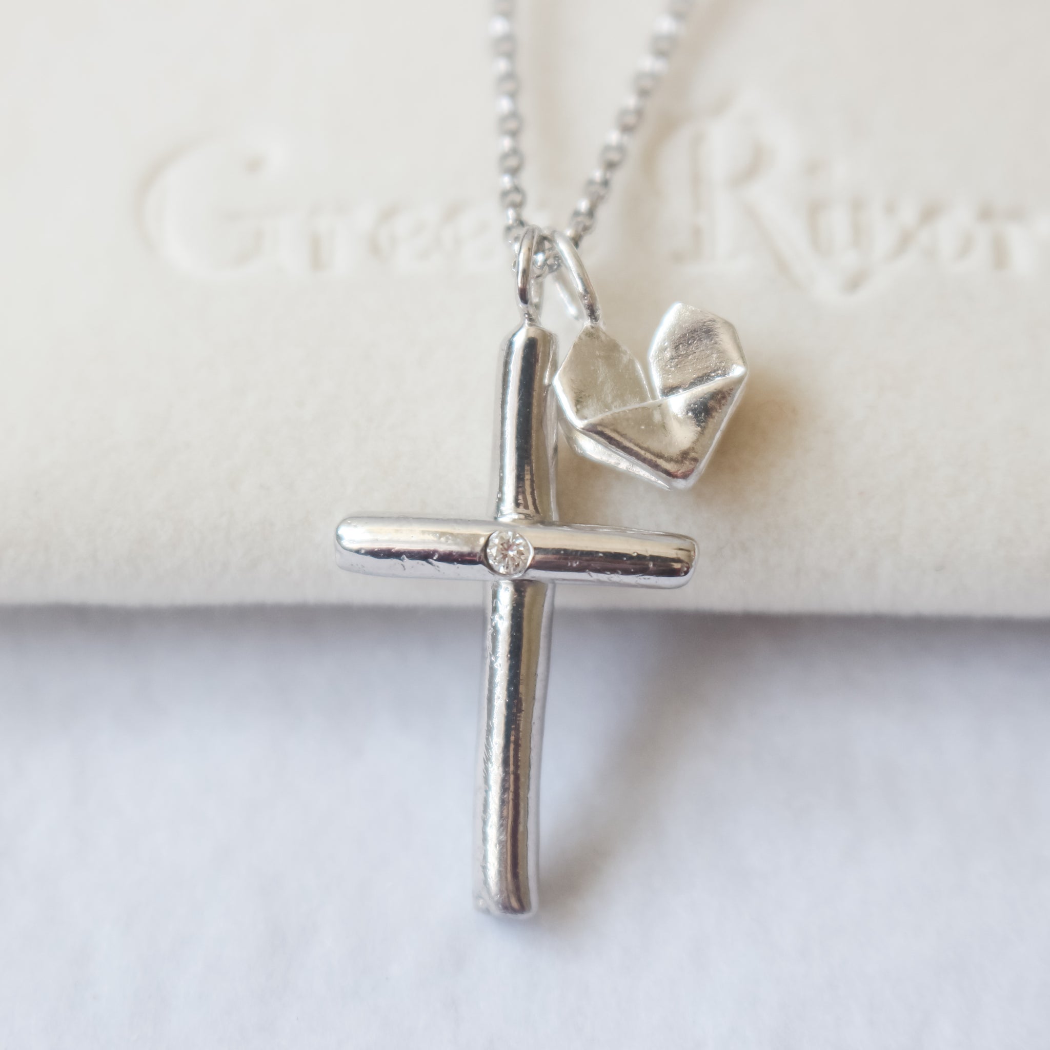 Cross with Heart - Sterling Silver Diamond Cross Necklace (Big) Plain or Engraved with Origami Heart