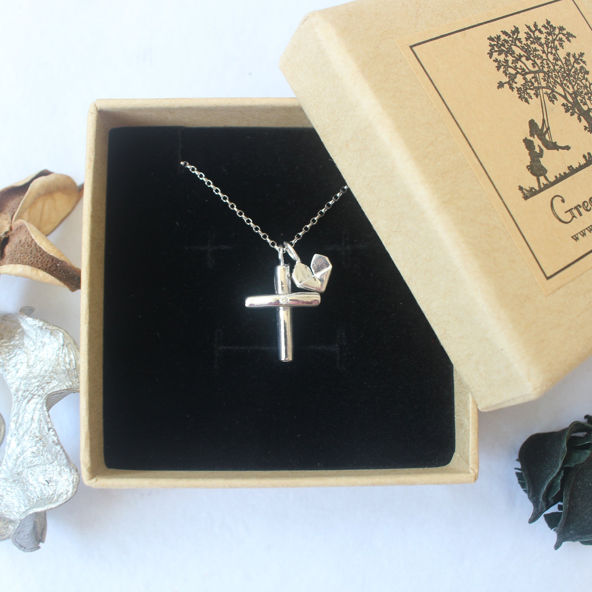 Cross with Heart - Sterling Silver Diamond Cross Necklace (Small) Plain or Engraved with Silver Origami Heart