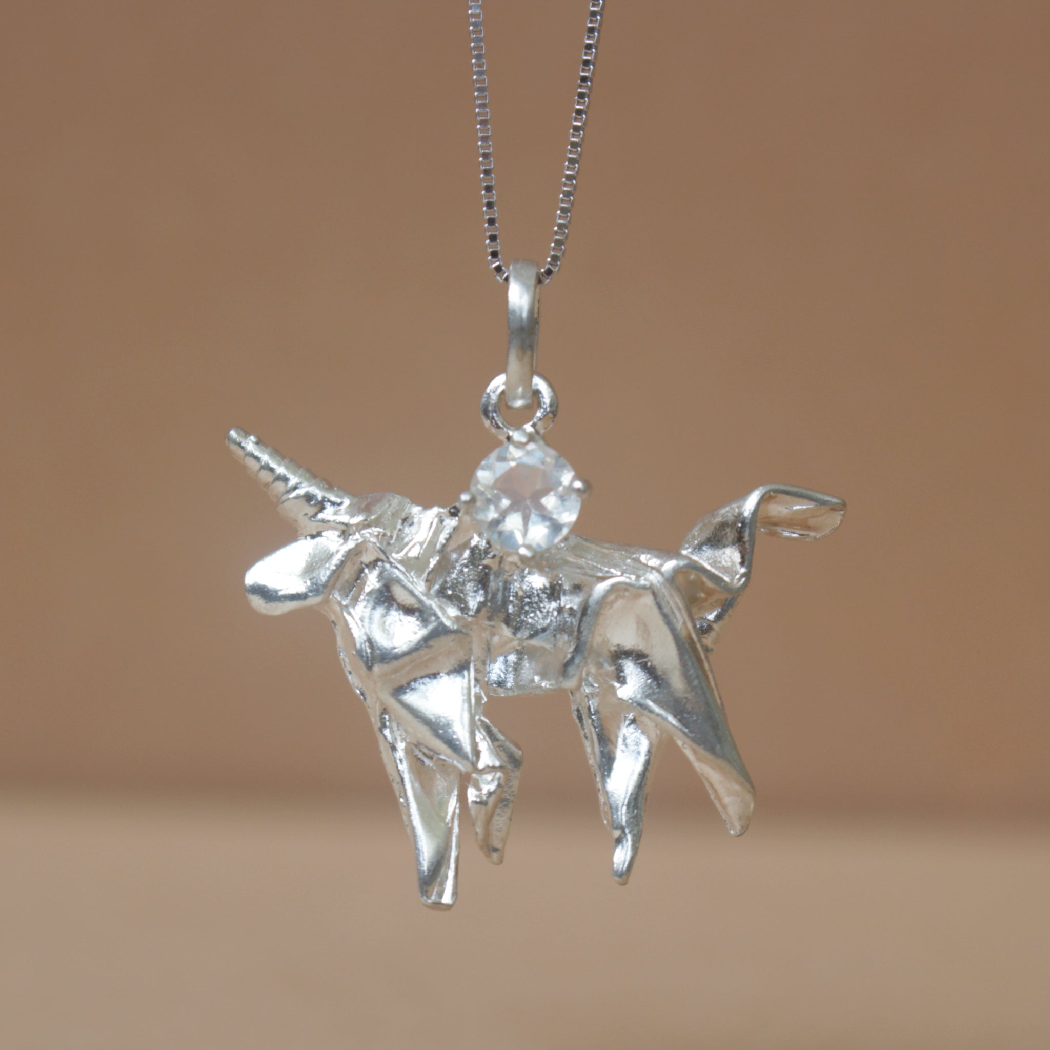 Silver Origami Unicorn Merry-go-round Necklace with Moonstone