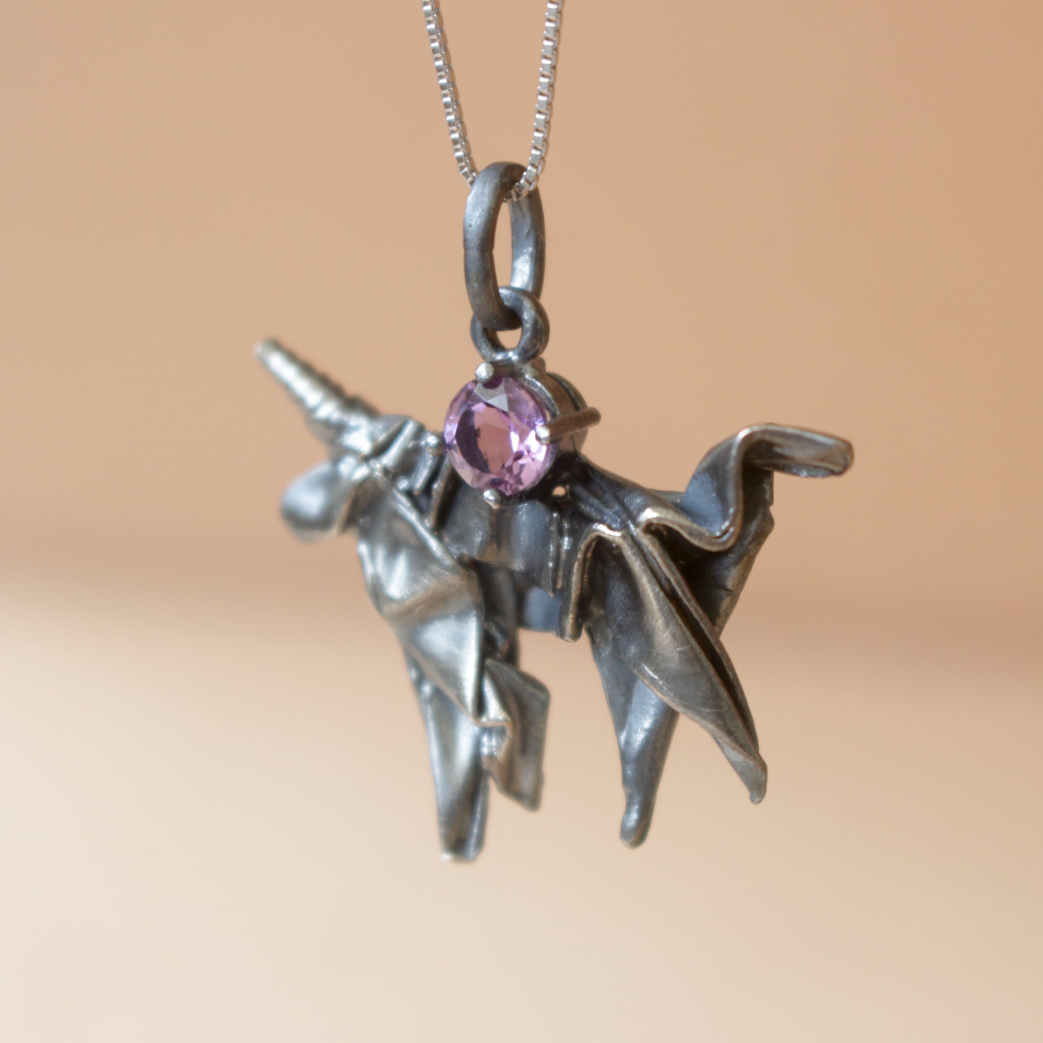 Black Silver Origami Unicorn Merry-go-round Necklace with Amethyst
