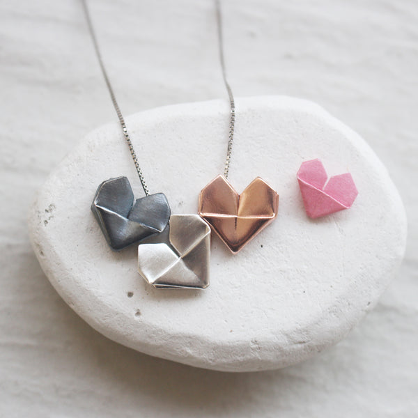 Trio Heart Necklace - Silver Origami Heart Necklace in Three