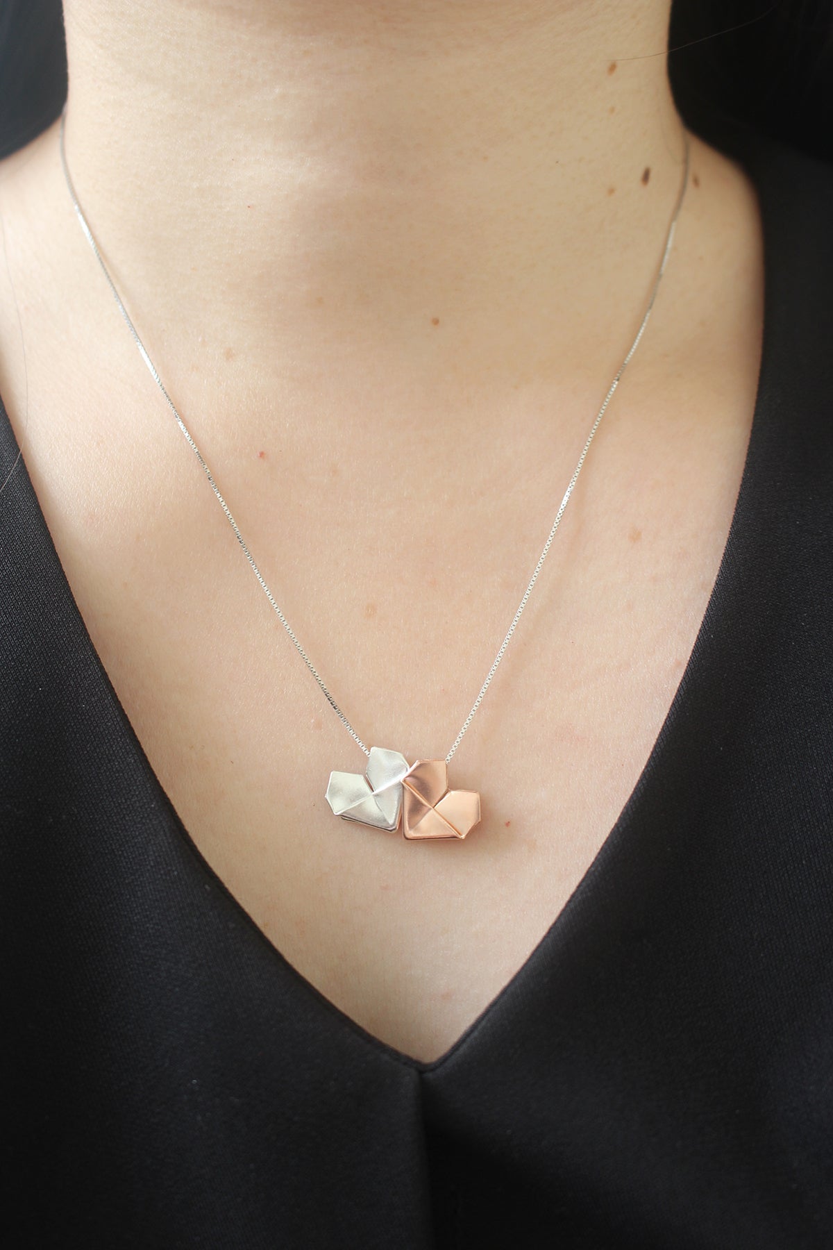 Trio Heart Necklace - Silver Origami Heart Necklace in Three Colors