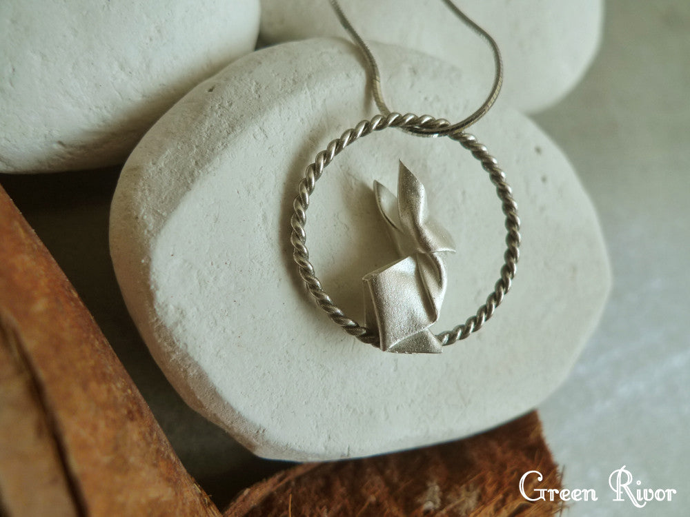 Origami Rabbit & Moon Necklace / Silver Rabbit & Moon Necklace / Paper-folded Rabbit Necklace / Animal Necklace