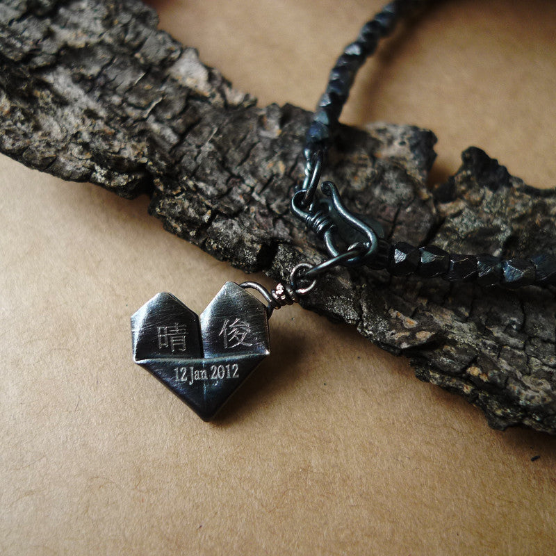 925 Silver Personalised Origami Heart Bracelet (Oxidized Black Silver)