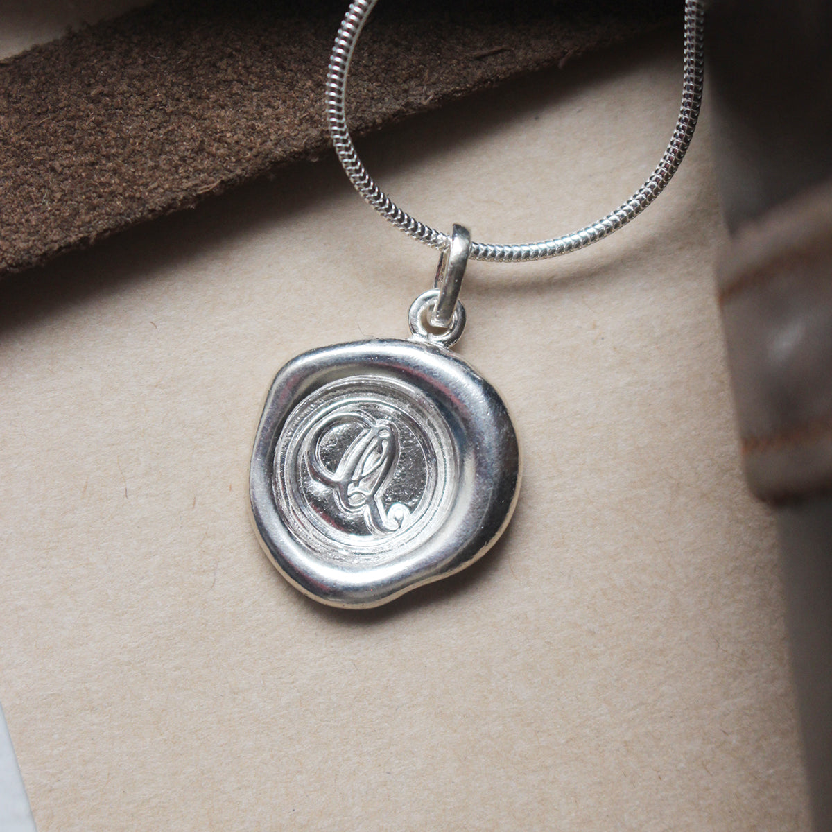 Sterling Silver Wax Seal Necklace - Initial Monogram Q