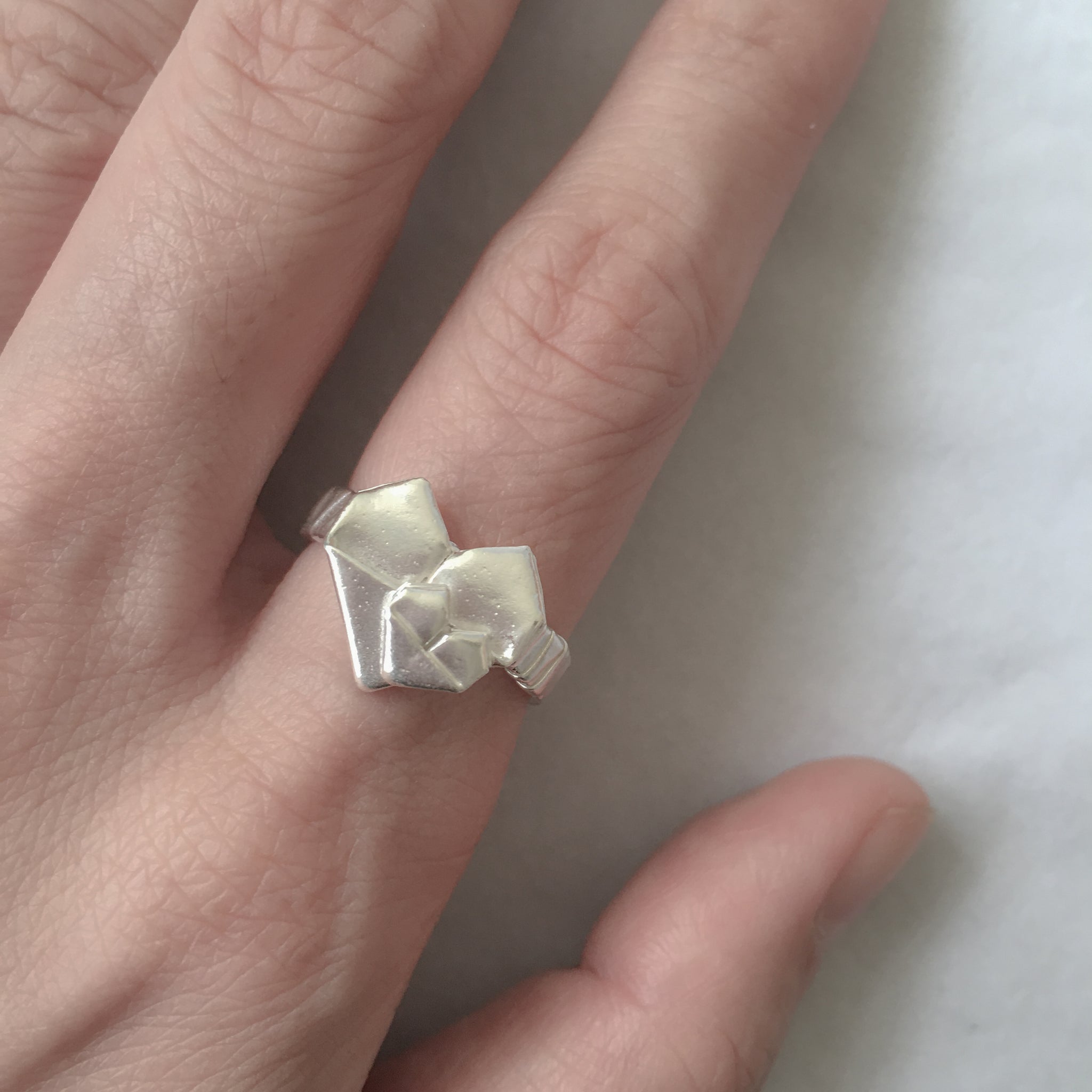Ring B 925 Silver Origami Big and Small Heart Ring Size 10
