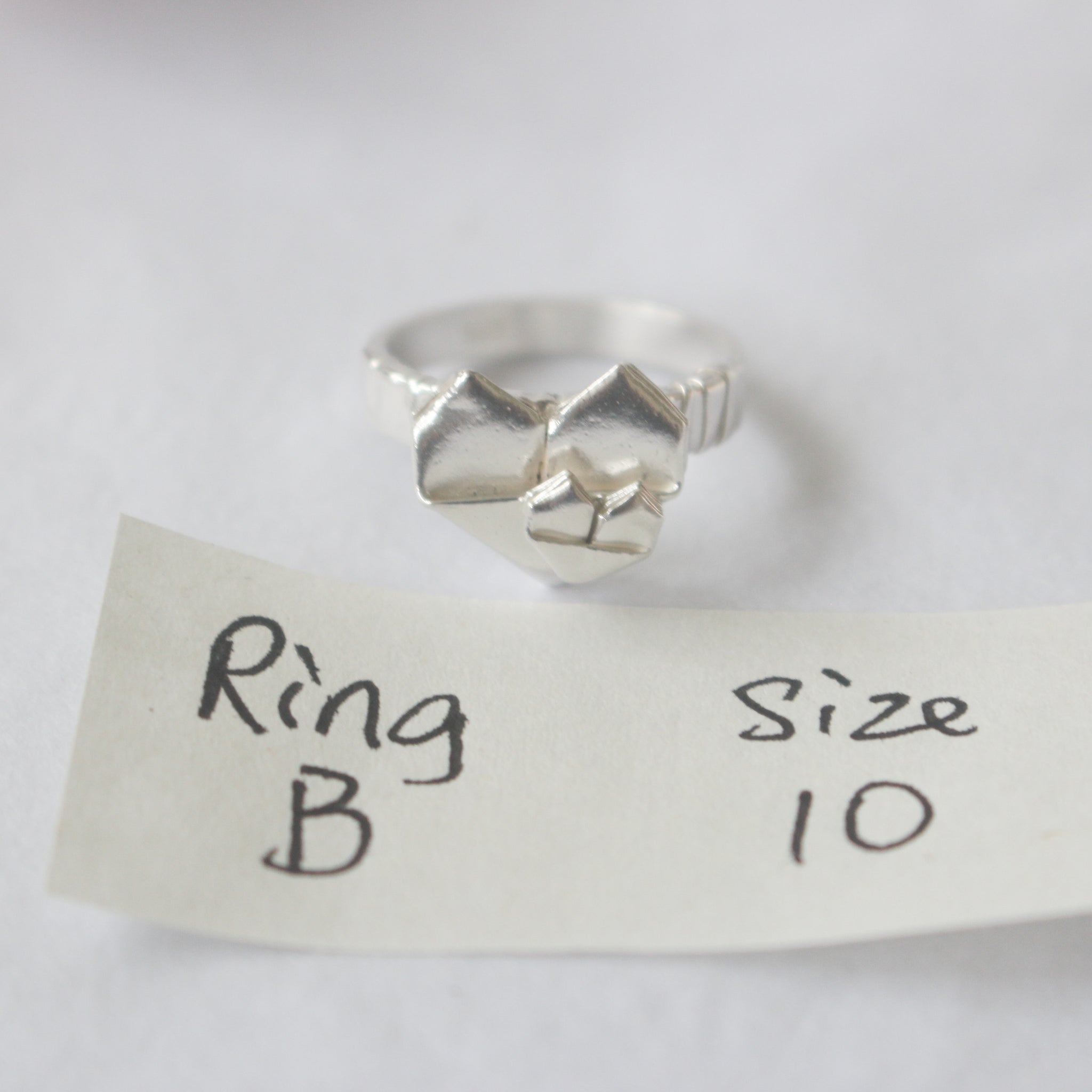 Ring B 925 Silver Origami Big and Small Heart Ring Size 10