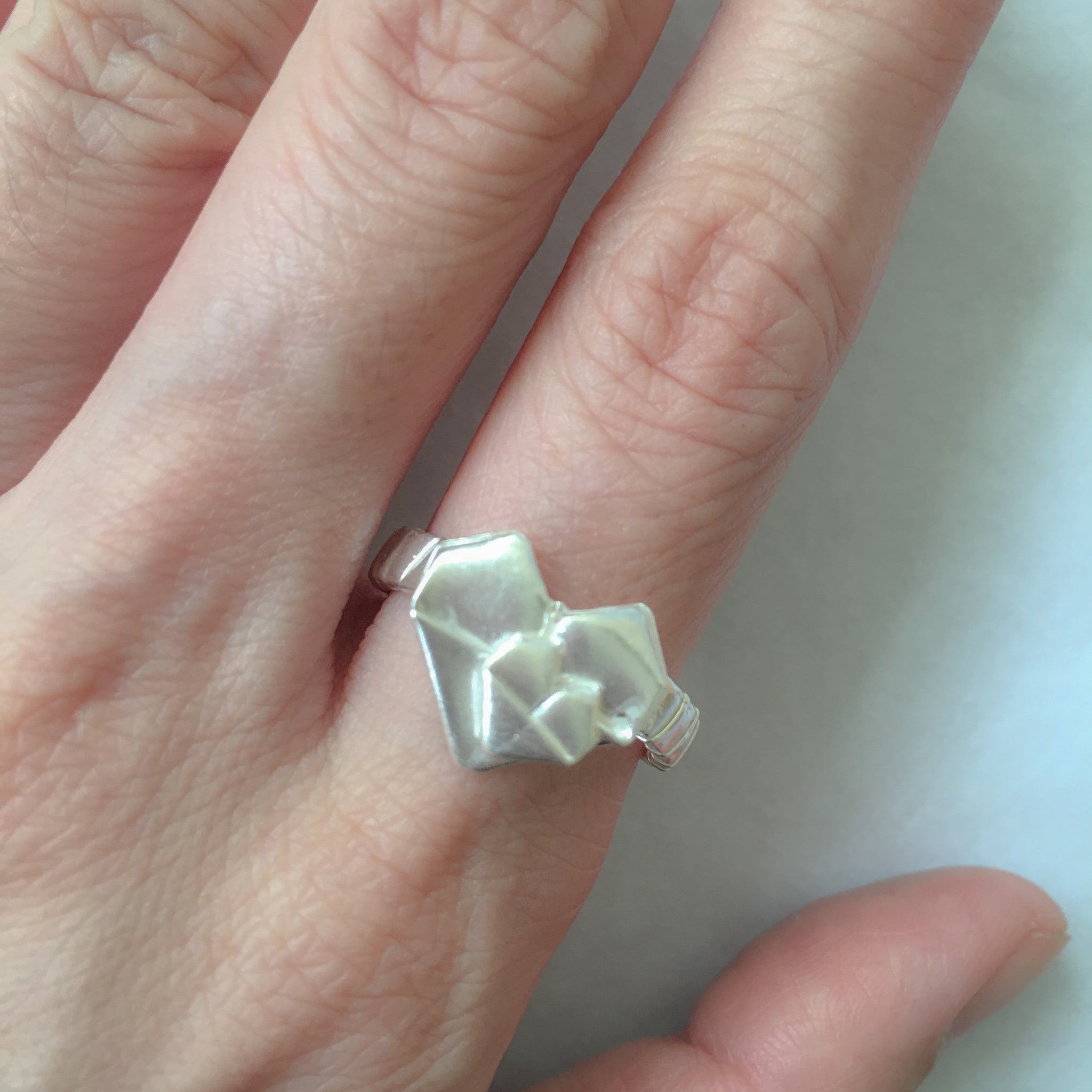 Ring C 925 Silver Origami Big and Small Heart Ring Size 13