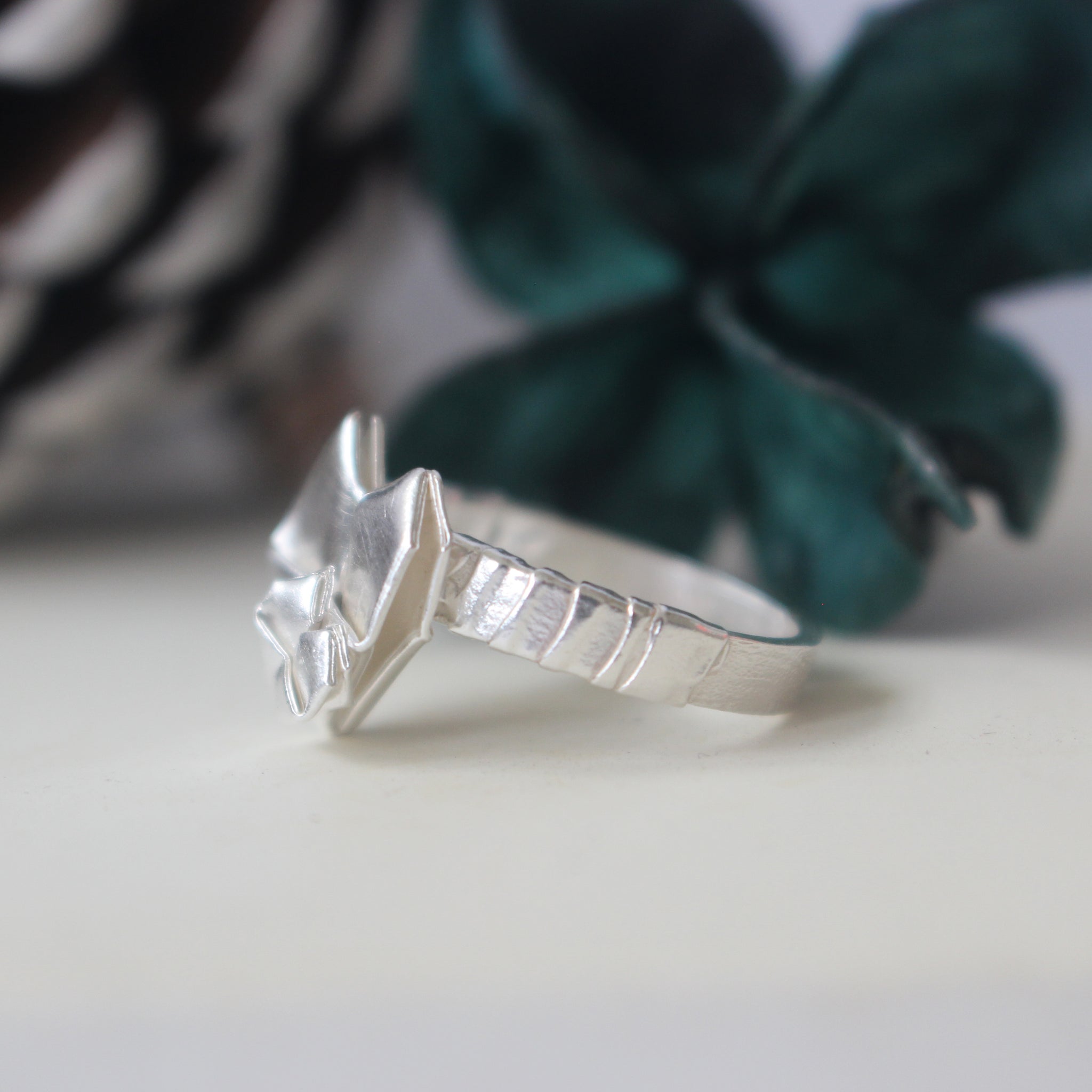 Ring E 925 Silver Origami Big and Small Heart Ring Size 11