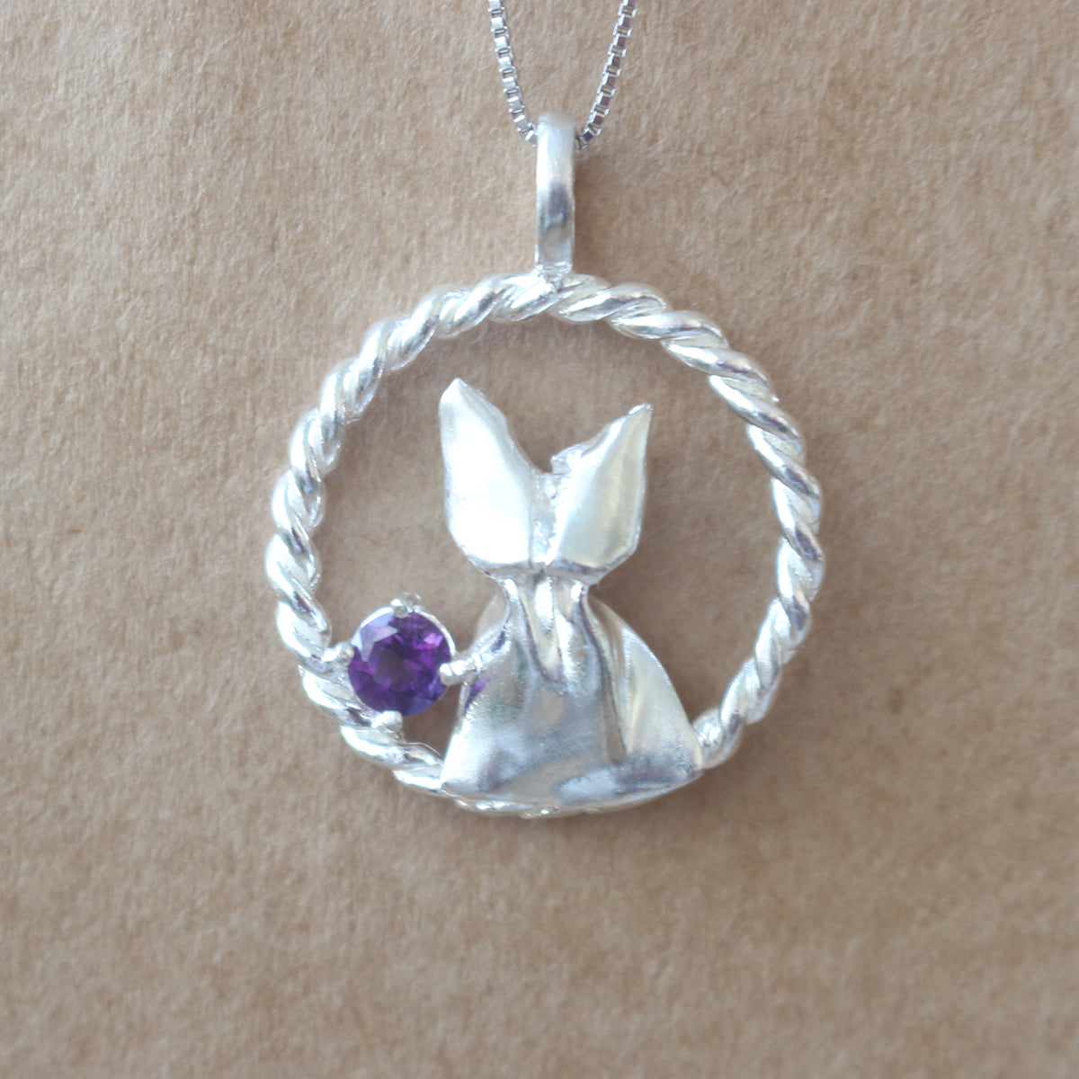 925 Silver Origami Cat and Amethyst Necklace