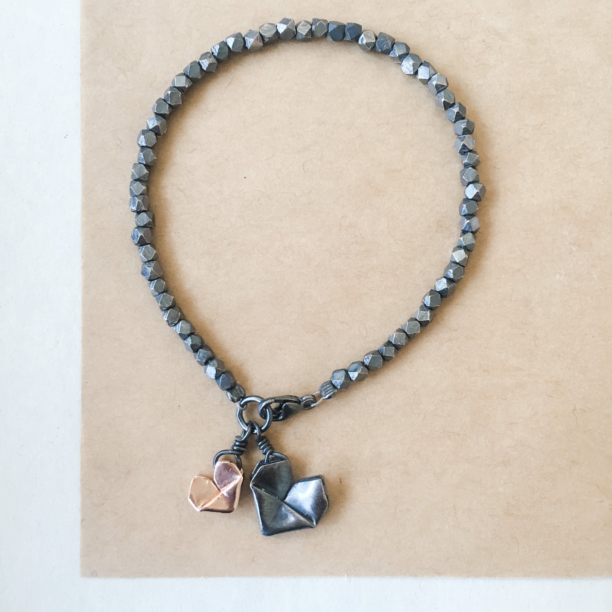 Black Silver Origami Big and Small Hearts Bracelet