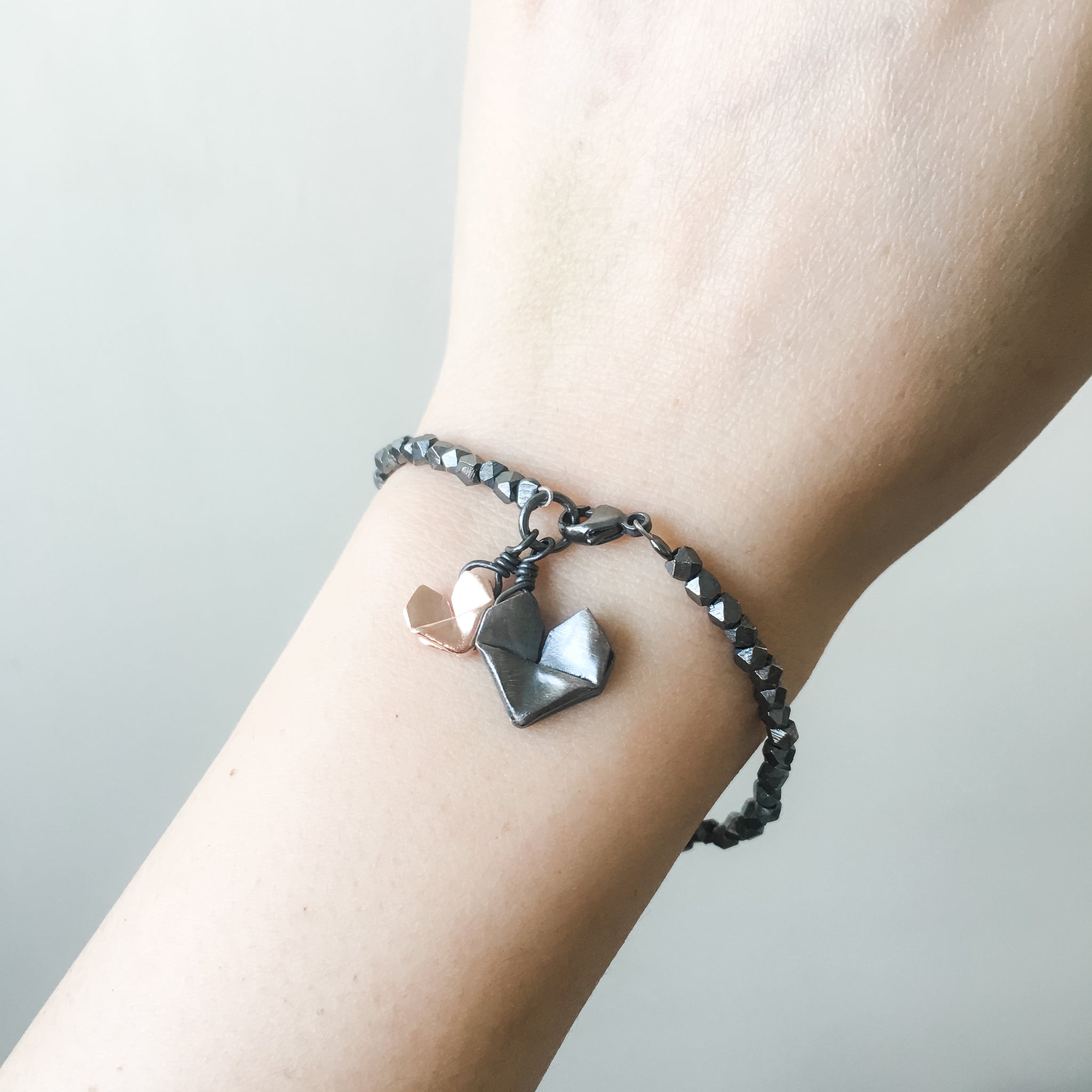 Black Silver Origami Big and Small Hearts Bracelet