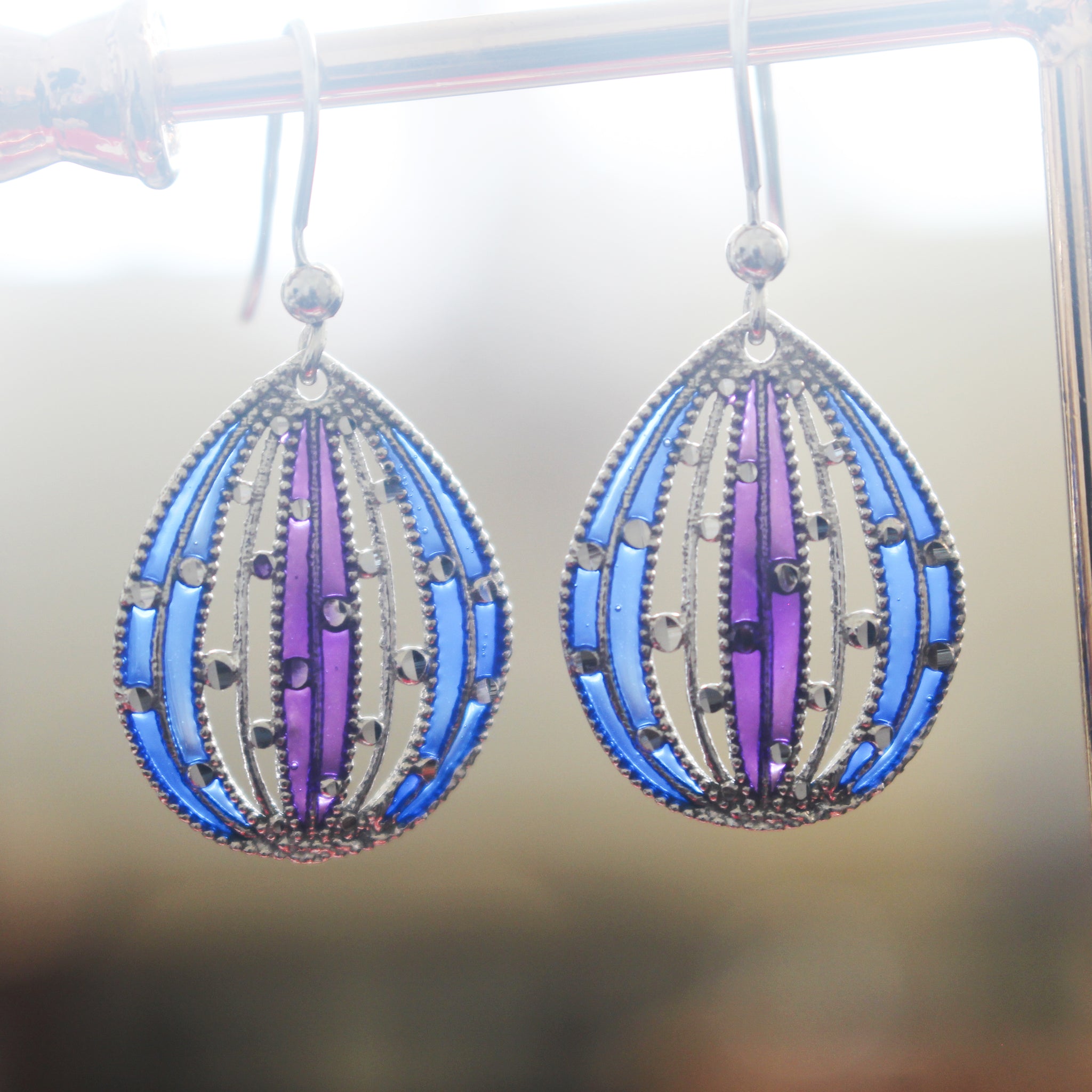 Blue Balloon - 925 Italian Silver Blue and Purple Glassy Enamel Dangling Earrings