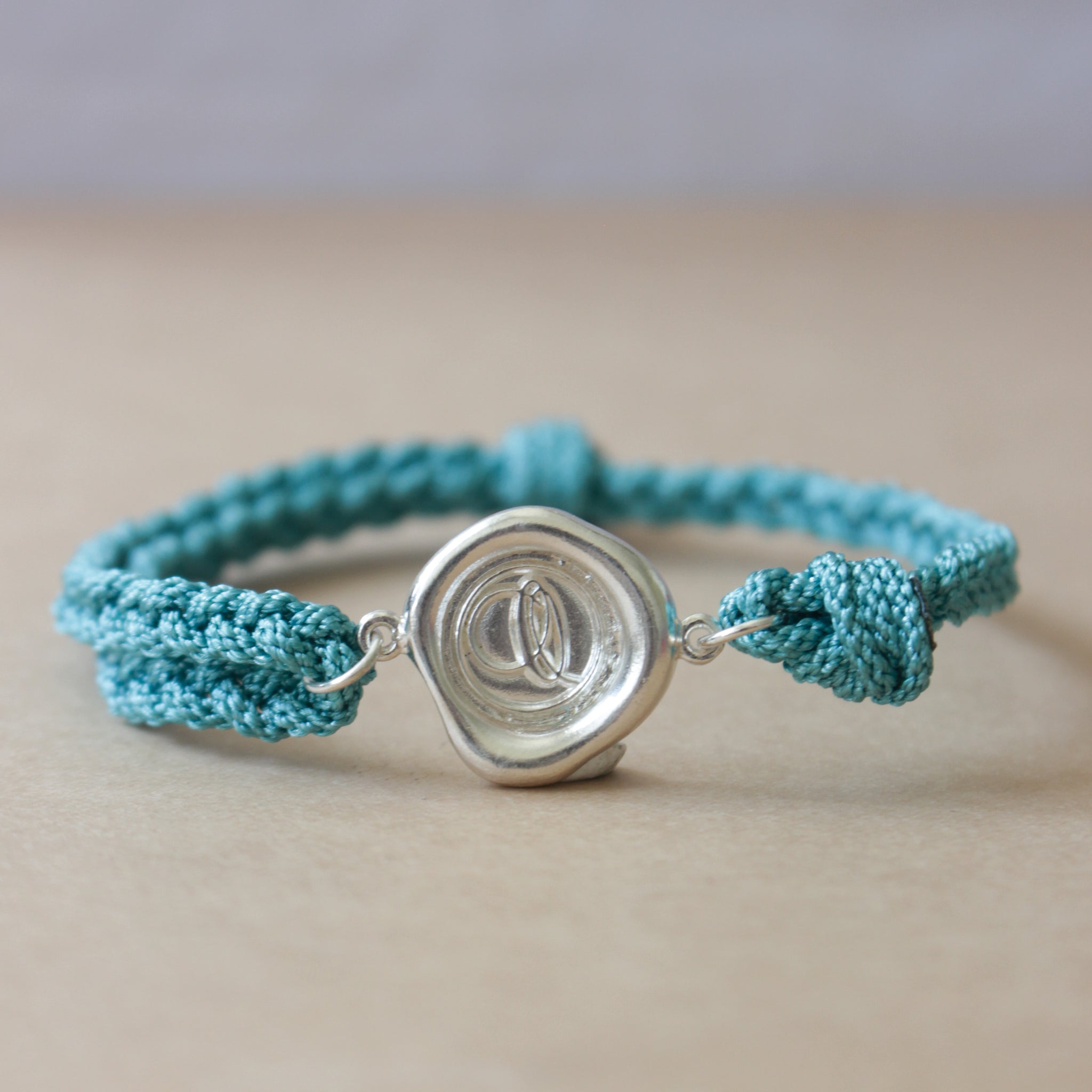 Braided Bracelet Lake Blue with 925 Silver Monogram Wax Seal | Adjustable Bracelet | Alphabet Charm | Personalised | Engraving
