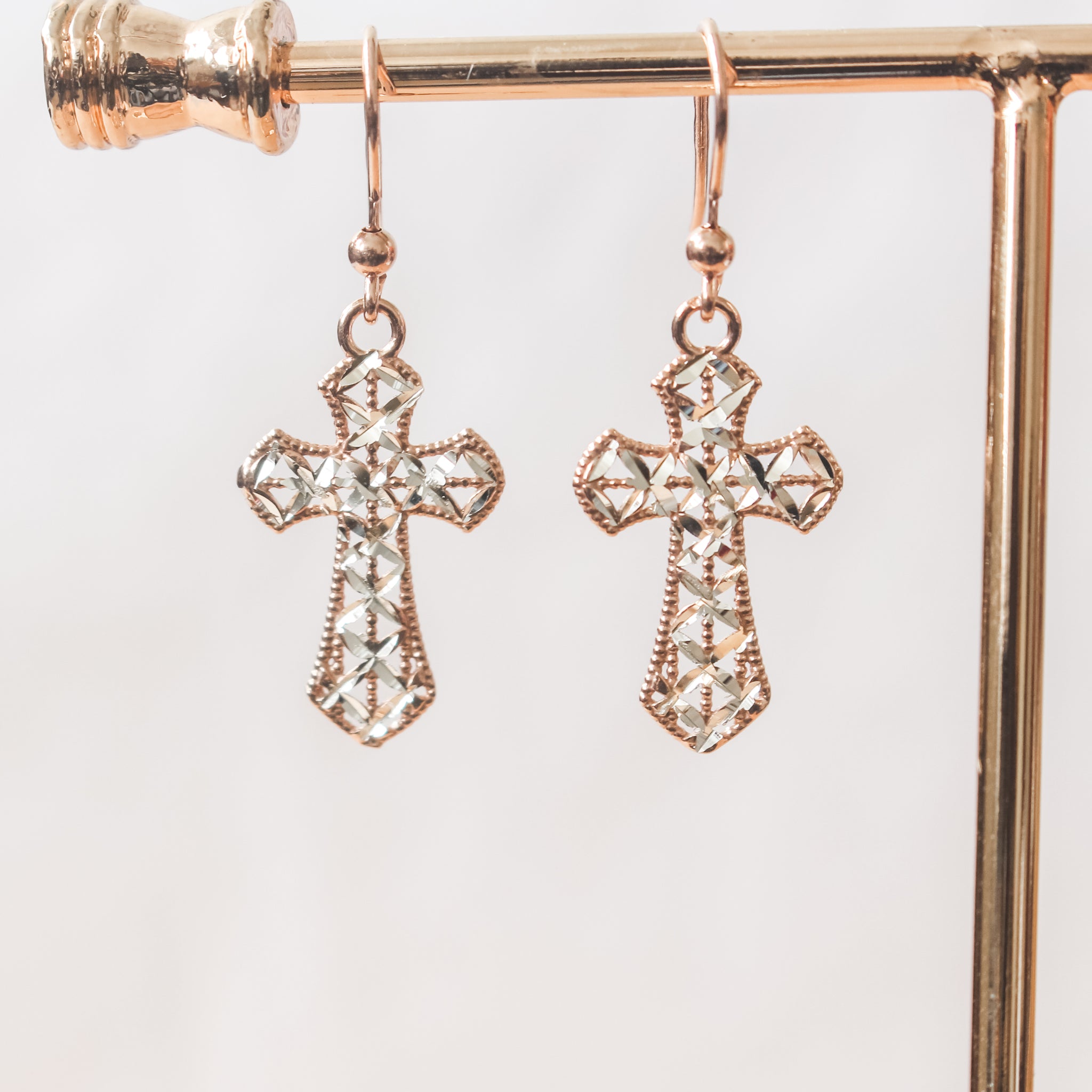 Cross Earrings - 925 Italian Silver Rose Gold Plated Filigree Cross Earrings