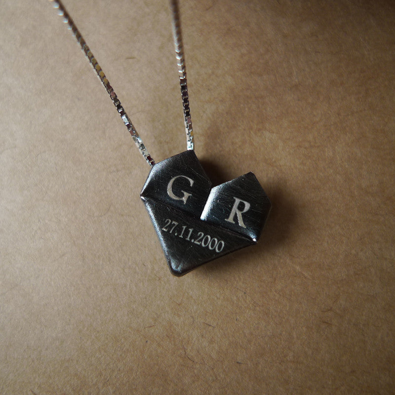 Personalised Black Silver Origami Heart Necklace / Silver Paper Heart Necklace