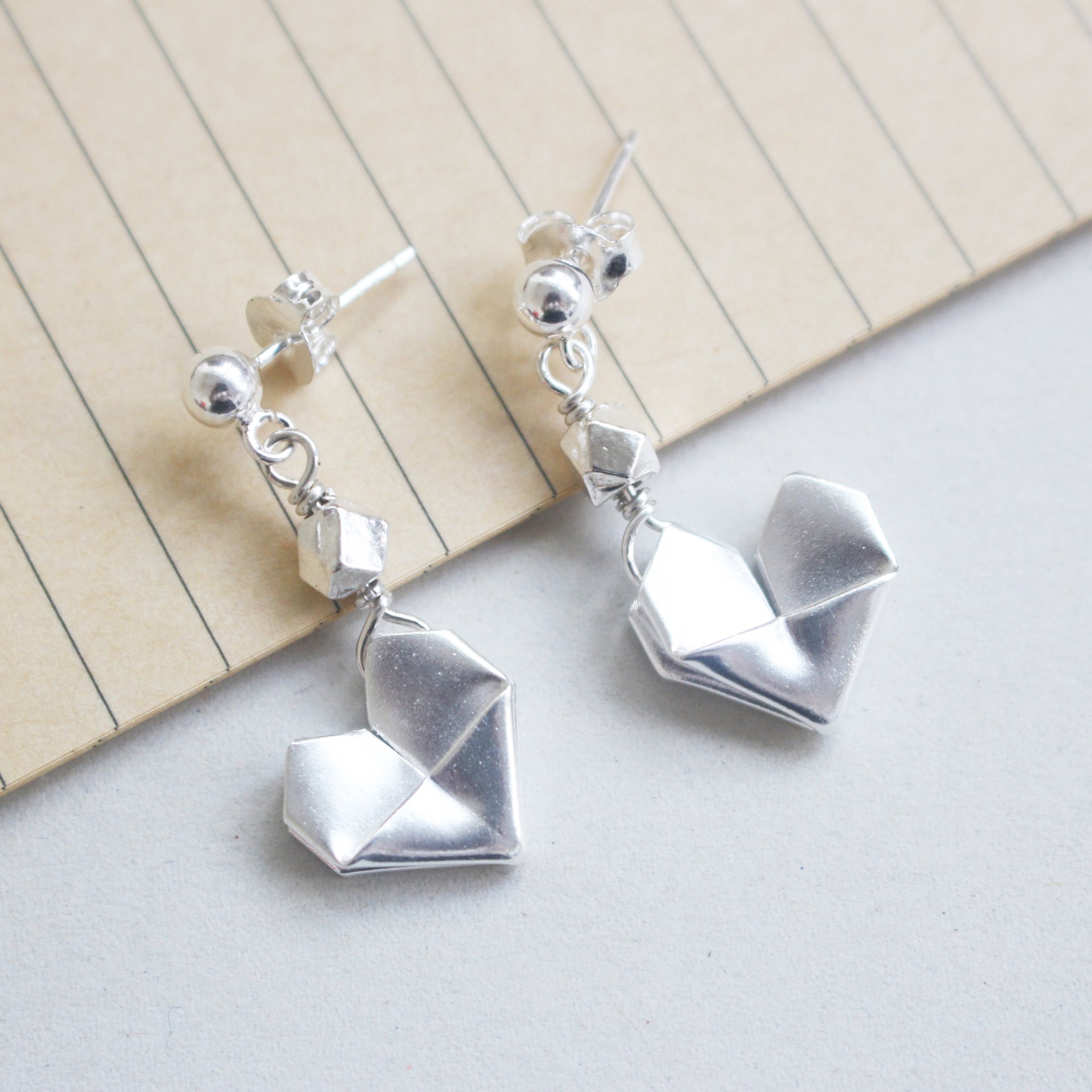 925 Silver Origami Heart Dangling Earrings