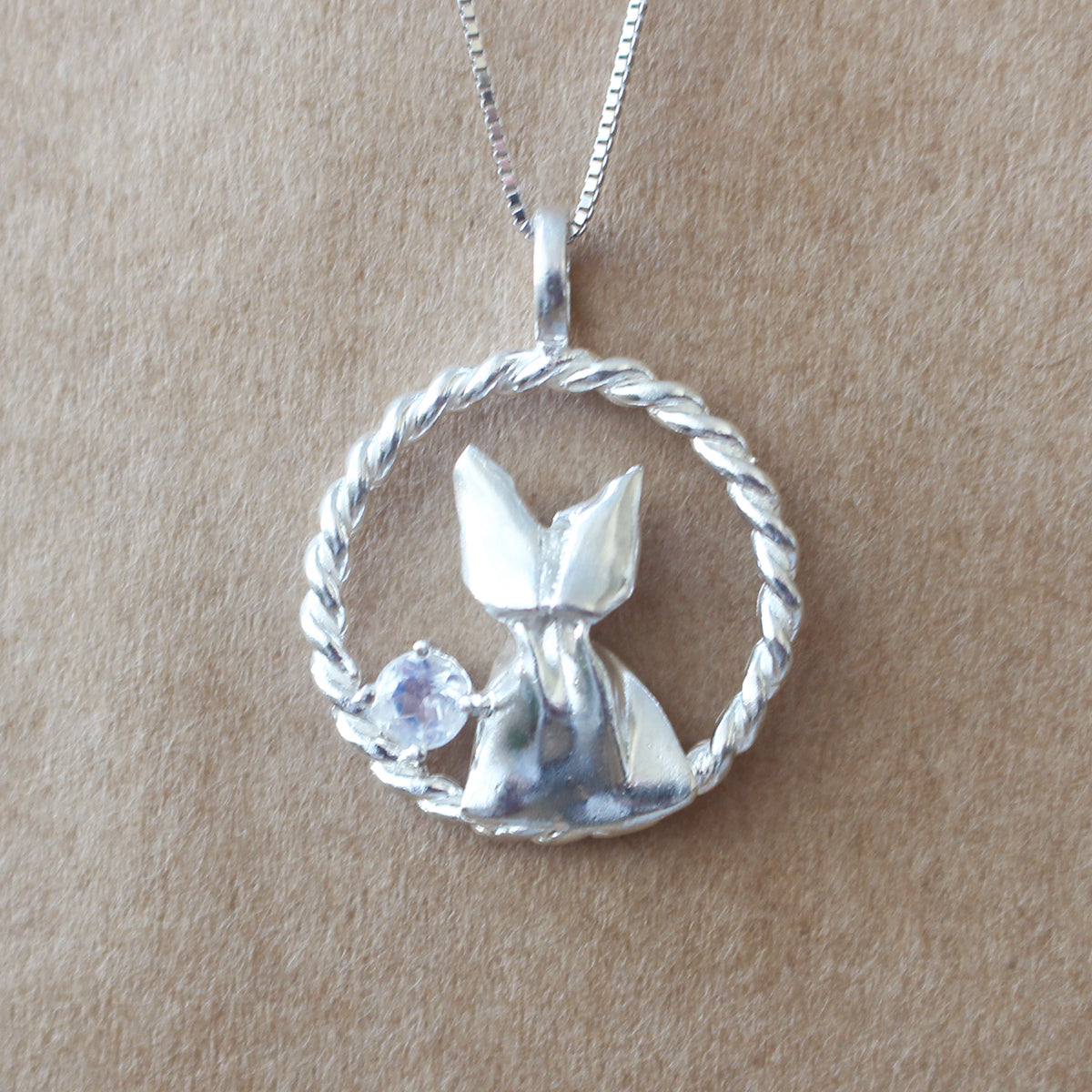 925 Silver Origami Cat and Moonstone Necklace