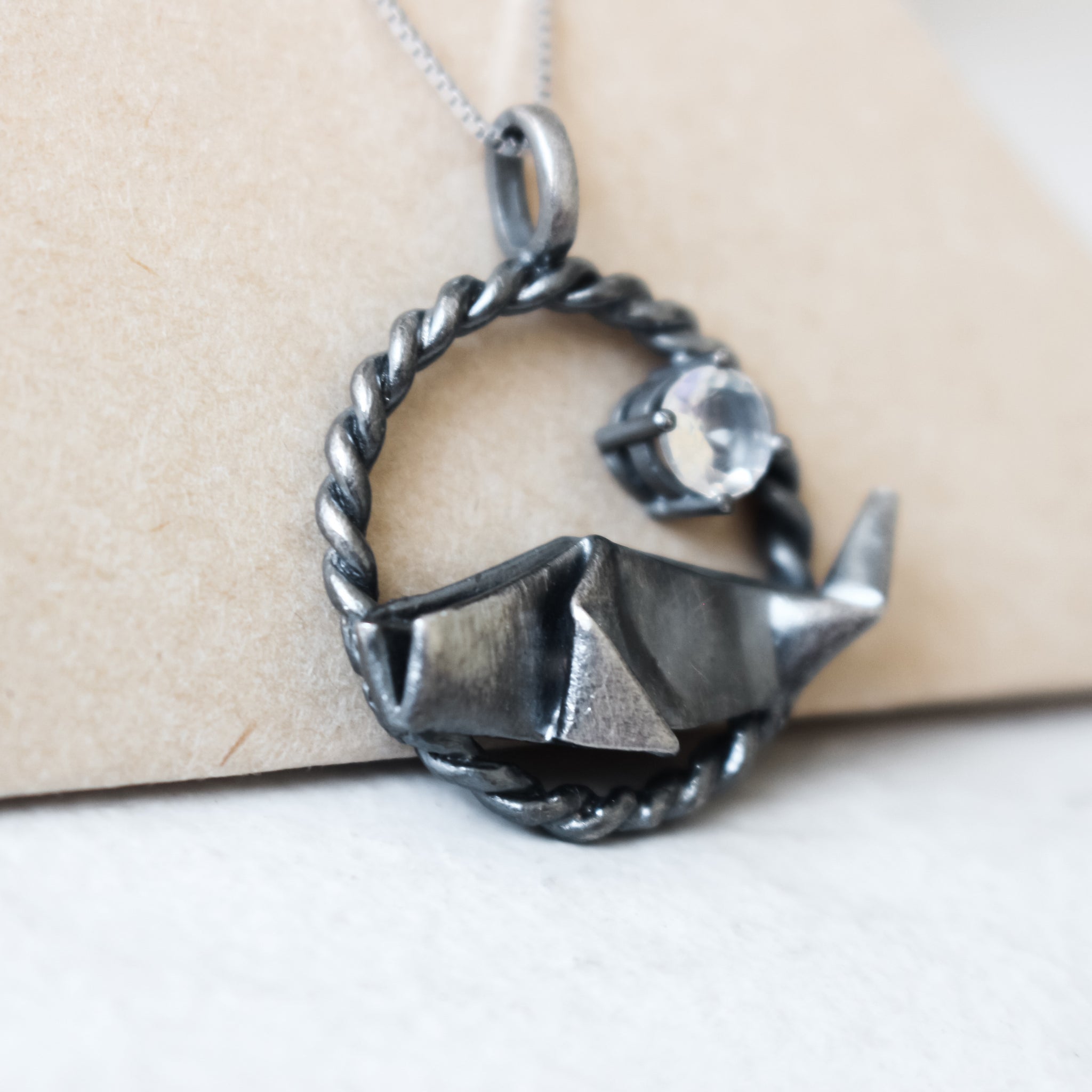 925 Black Silver Origami Whale with Moonstone Necklace