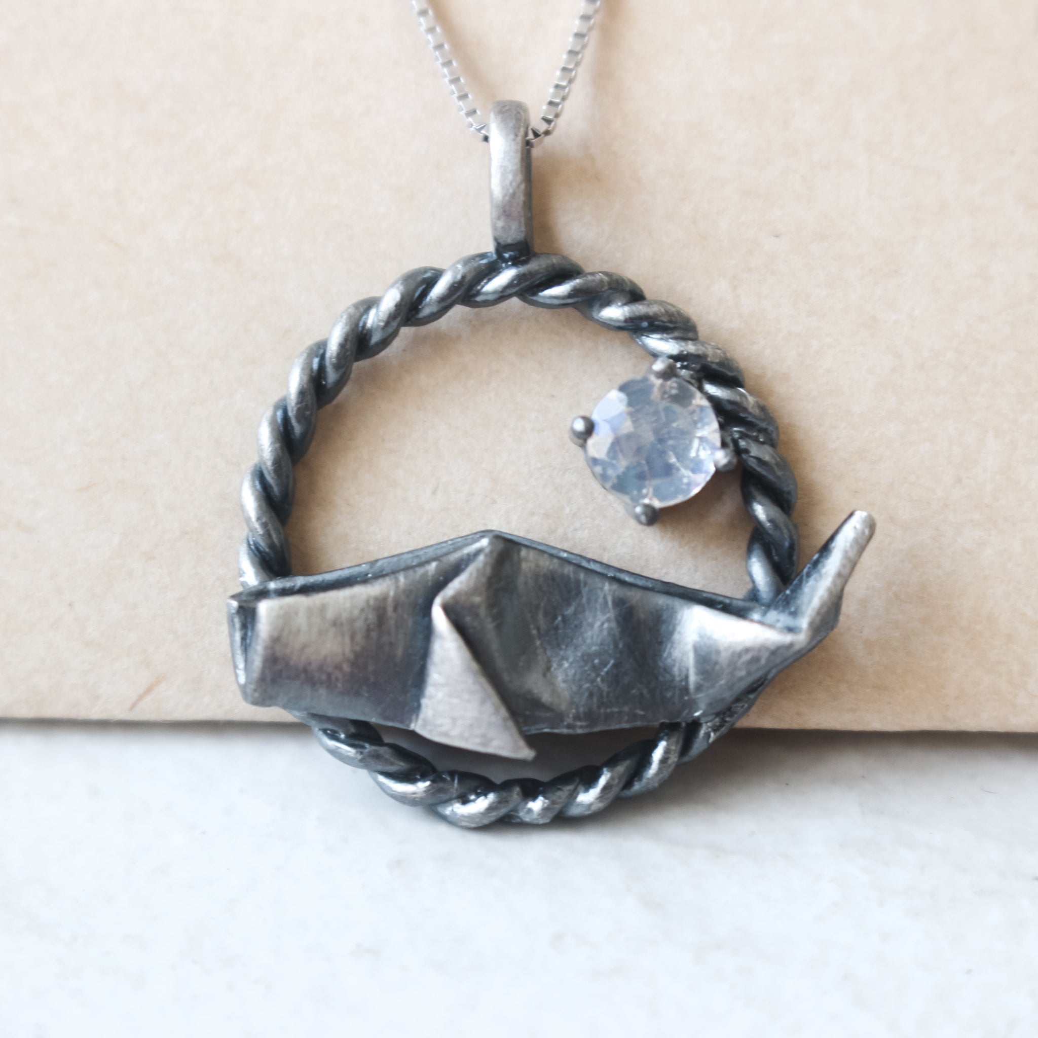 925 Black Silver Origami Whale with Moonstone Necklace