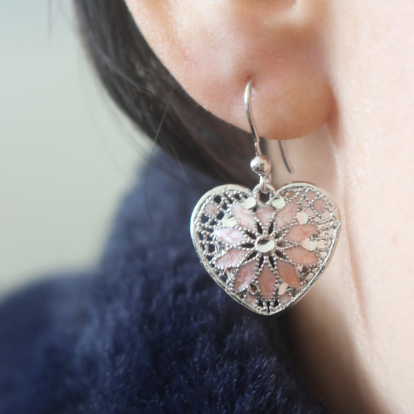 925 Italian Silver Pink Enamel Filigree Heart Earrings - Green Rivor