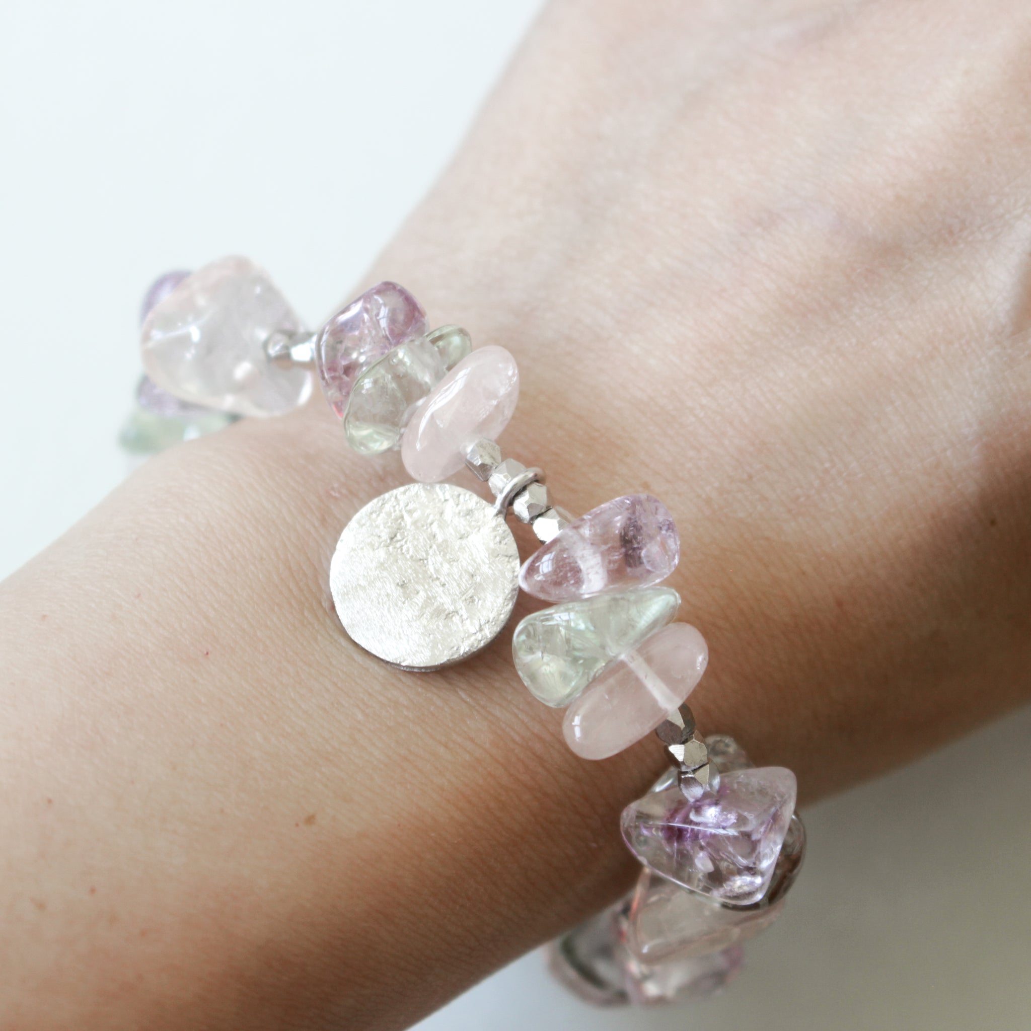 Make A Wish Bracelet - Candy Color Crystals with Engraved Silver Charm Elastic Bracelet