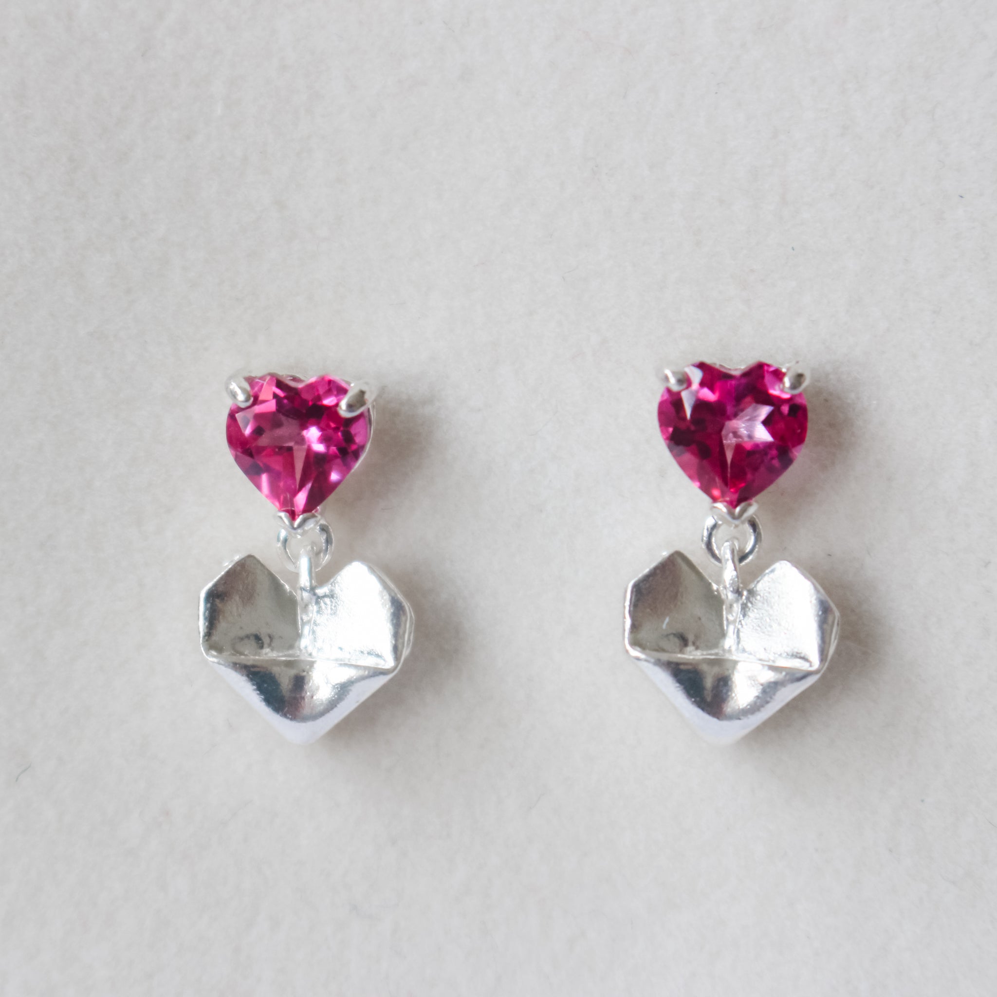 Pink Topaz Dangling Origami Heart Earrings