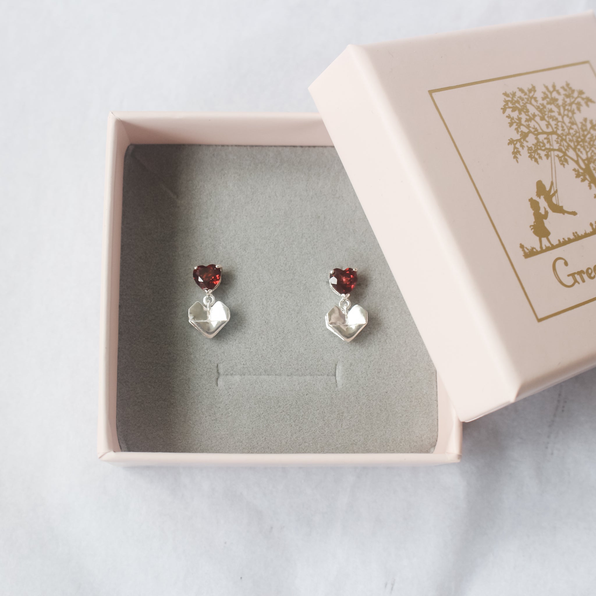 Red Garnet Dangling Origami Heart Earrings
