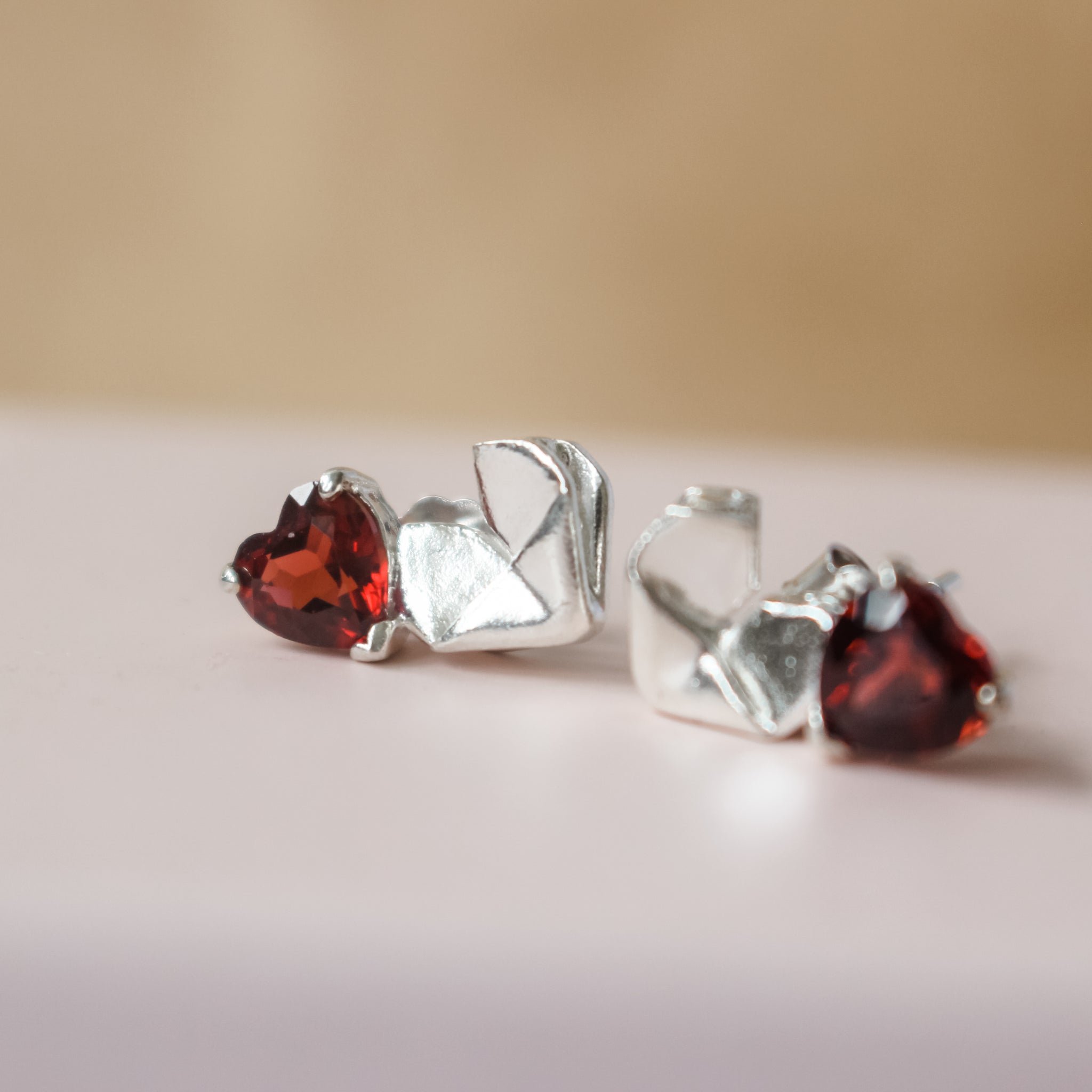 Red Garnet Stud Origami Heart Earrings