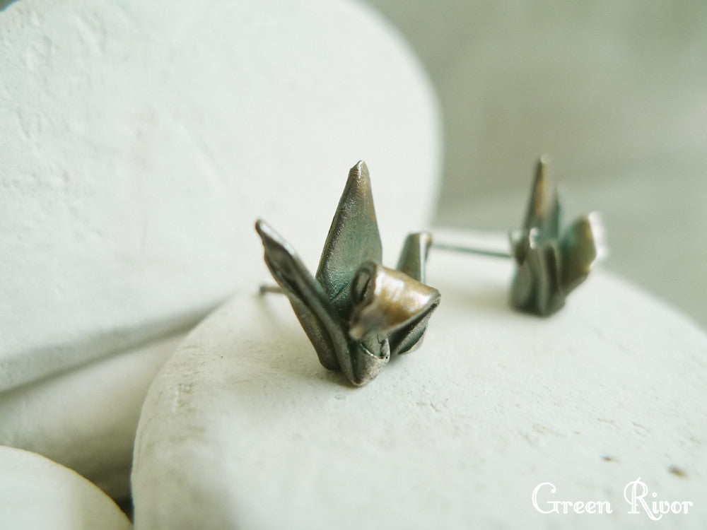 Origami Crane Earrings in Oxidized Silver / Black Silver Origami Crane Stud Earrings / Black Swan Earrings