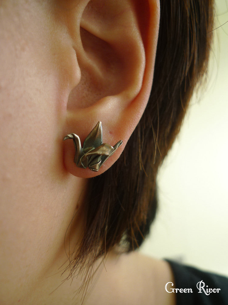 Origami Crane Earrings in Oxidized Silver / Black Silver Origami Crane Stud Earrings / Black Swan Earrings