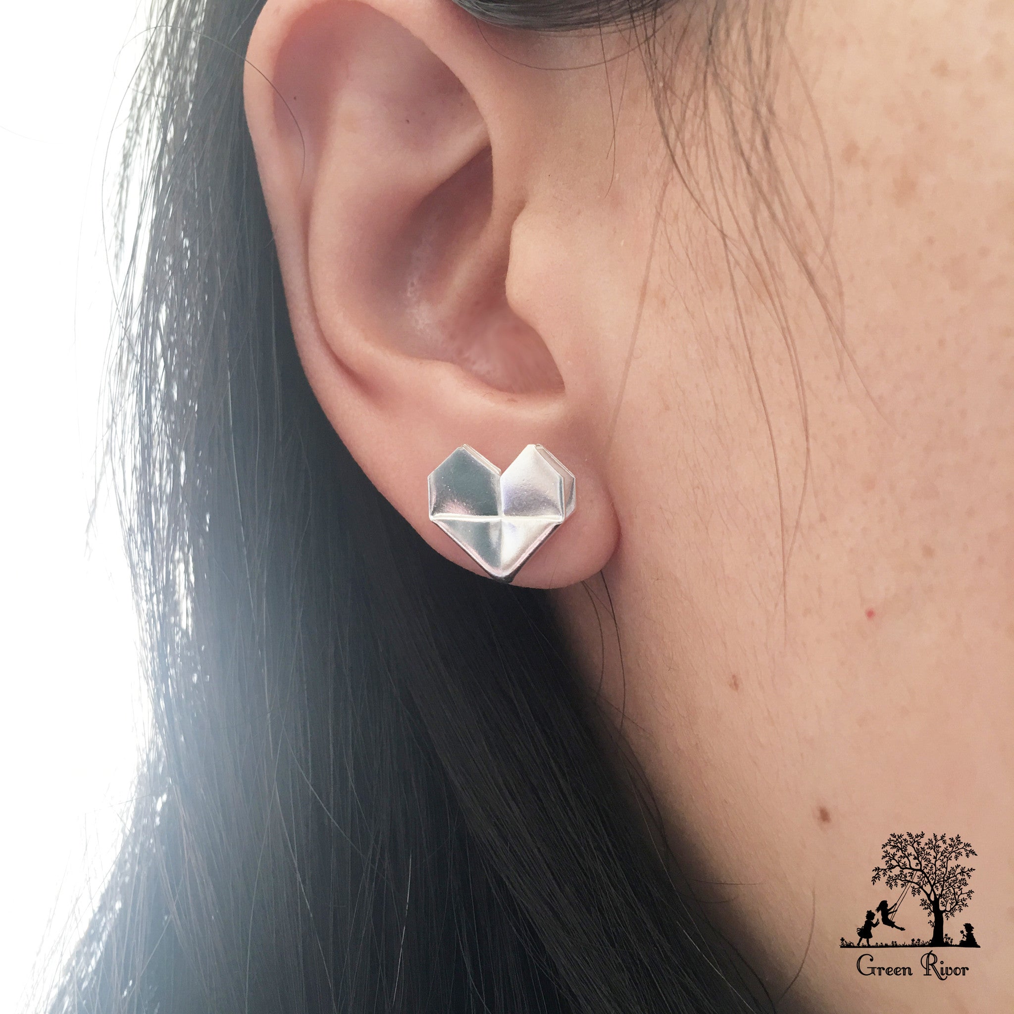 Silver Origami Heart Stud Earrings (Grand)