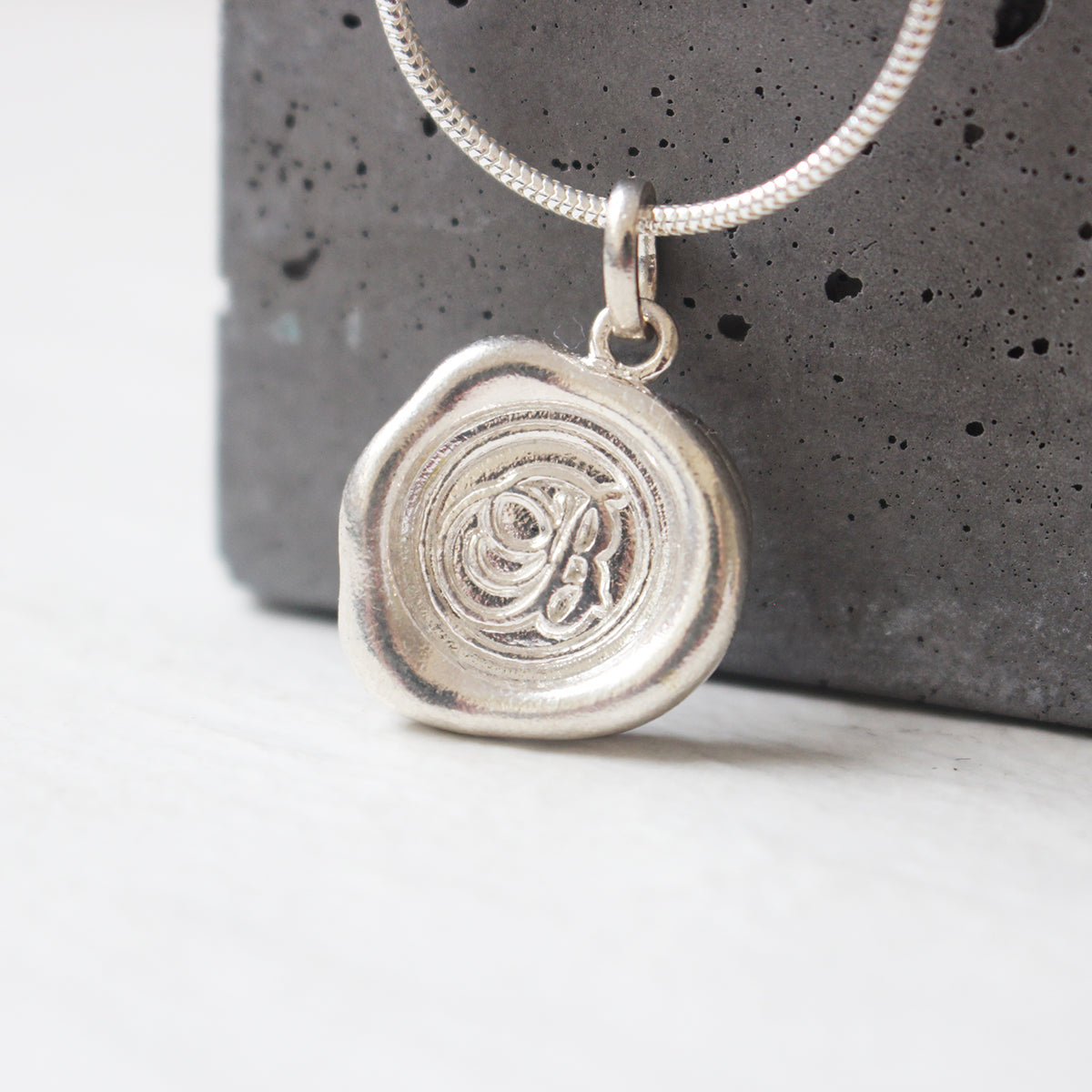 Sterling Silver Wax Seal Necklace - Initial Monogram B
