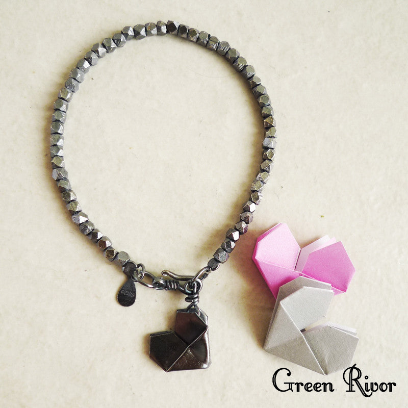 925 Silver Personalised Origami Heart Bracelet (Oxidized Black Silver)