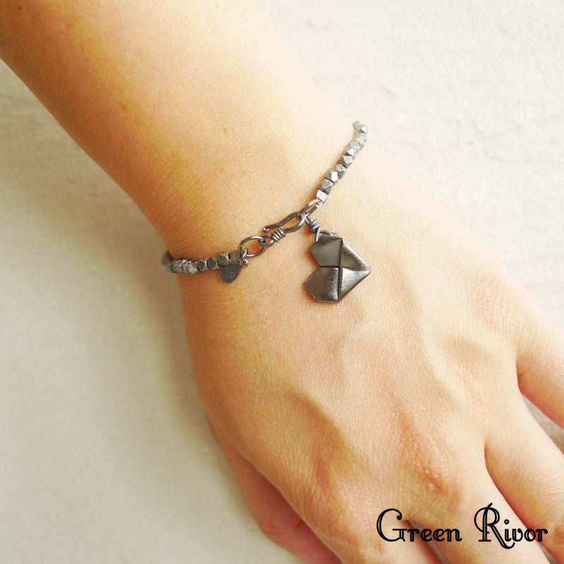 925 Silver Personalised Origami Heart Bracelet (Oxidized Black Silver)