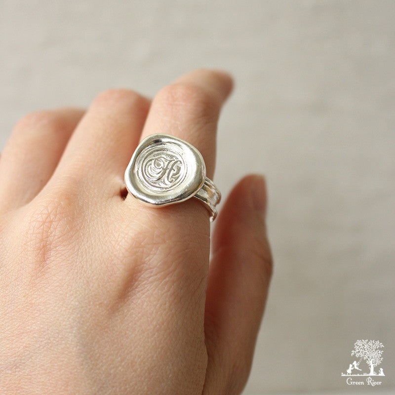 Sterling Silver Wax Seal Ring - Initial Monogram H