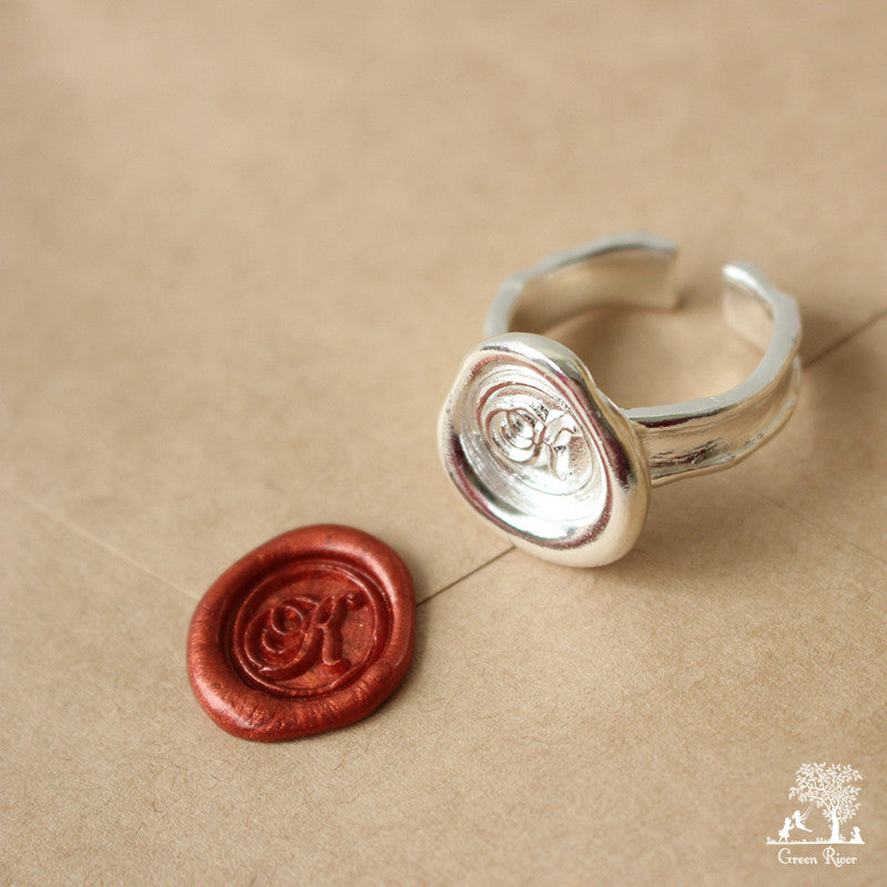 Sterling Silver Wax Seal Ring - Initial Monogram K
