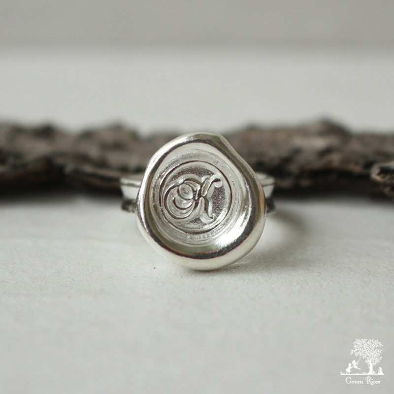 Sterling Silver Wax Seal Ring - Initial Monogram K