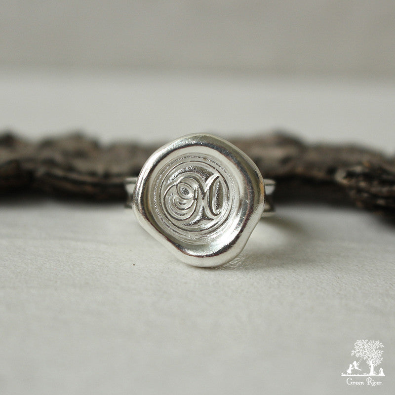 Sterling Silver Wax Seal Ring - Initial Monogram M
