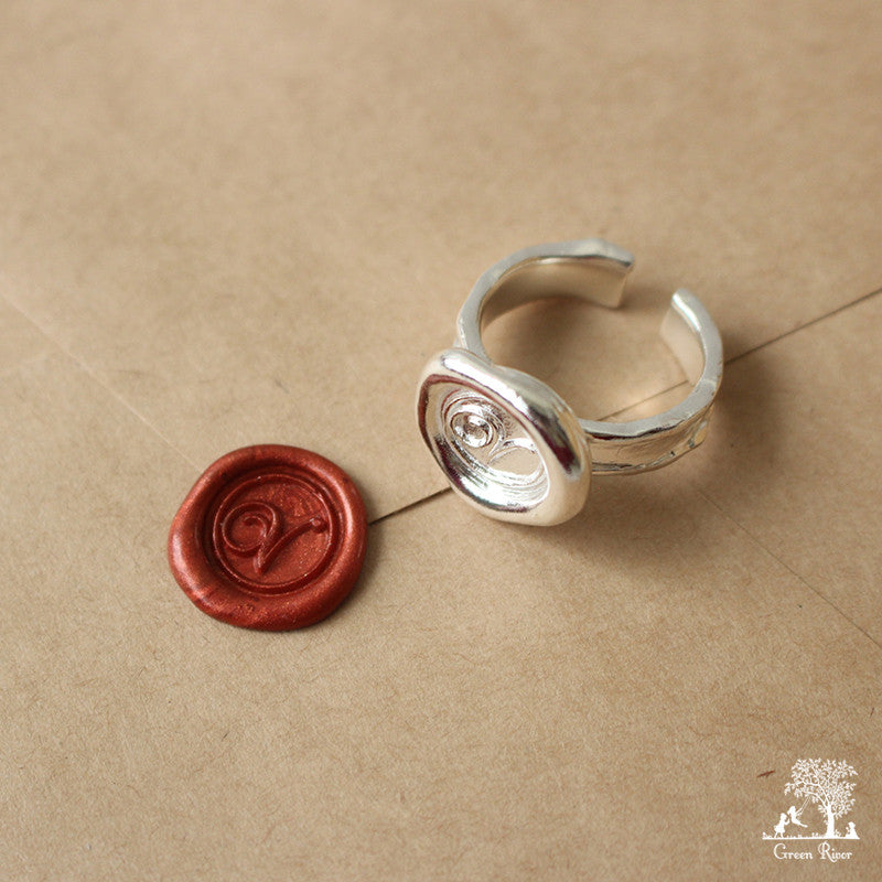 Sterling Silver Wax Seal Ring - Initial Monogram V
