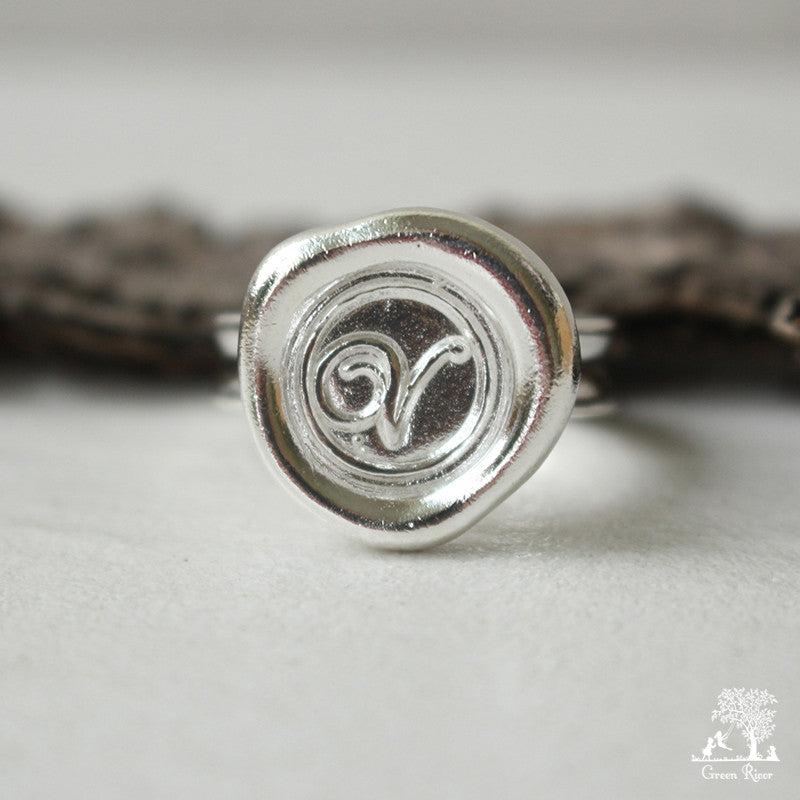 Sterling Silver Wax Seal Ring - Initial Monogram V