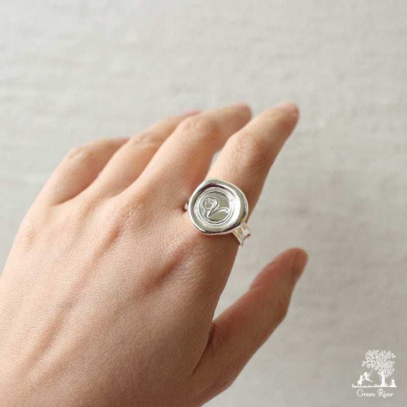 Sterling Silver Wax Seal Ring - Initial Monogram V