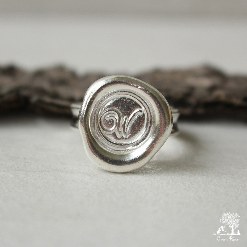 Sterling Silver Wax Seal Ring - Initial Monogram W