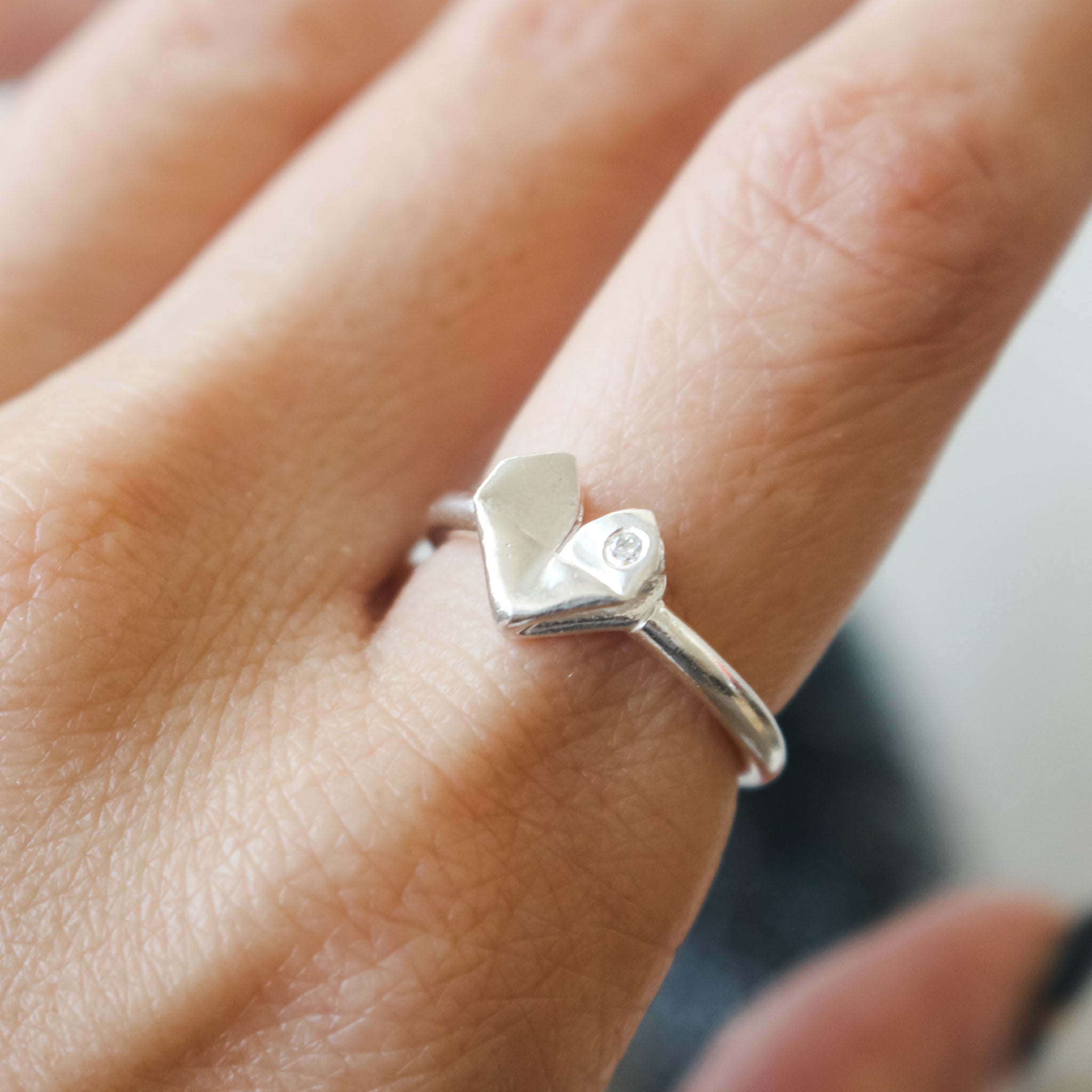 925 Silver Origami Heart Diamond Ring